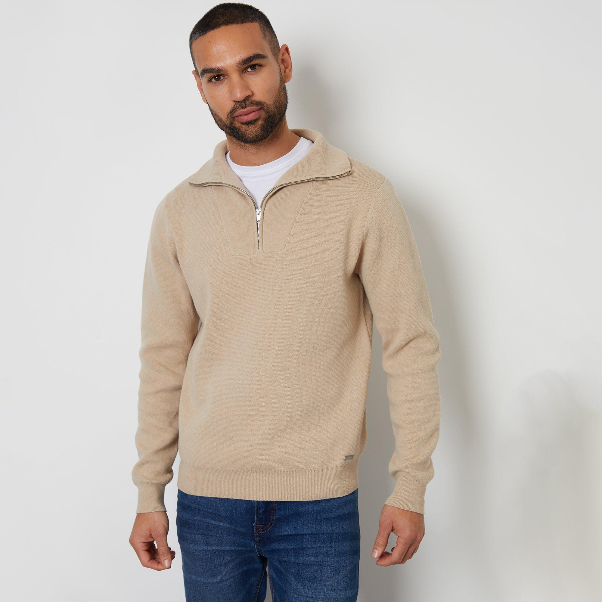 Brown - Threadbare - Rib Panel Quarter Zip Jumper - 1