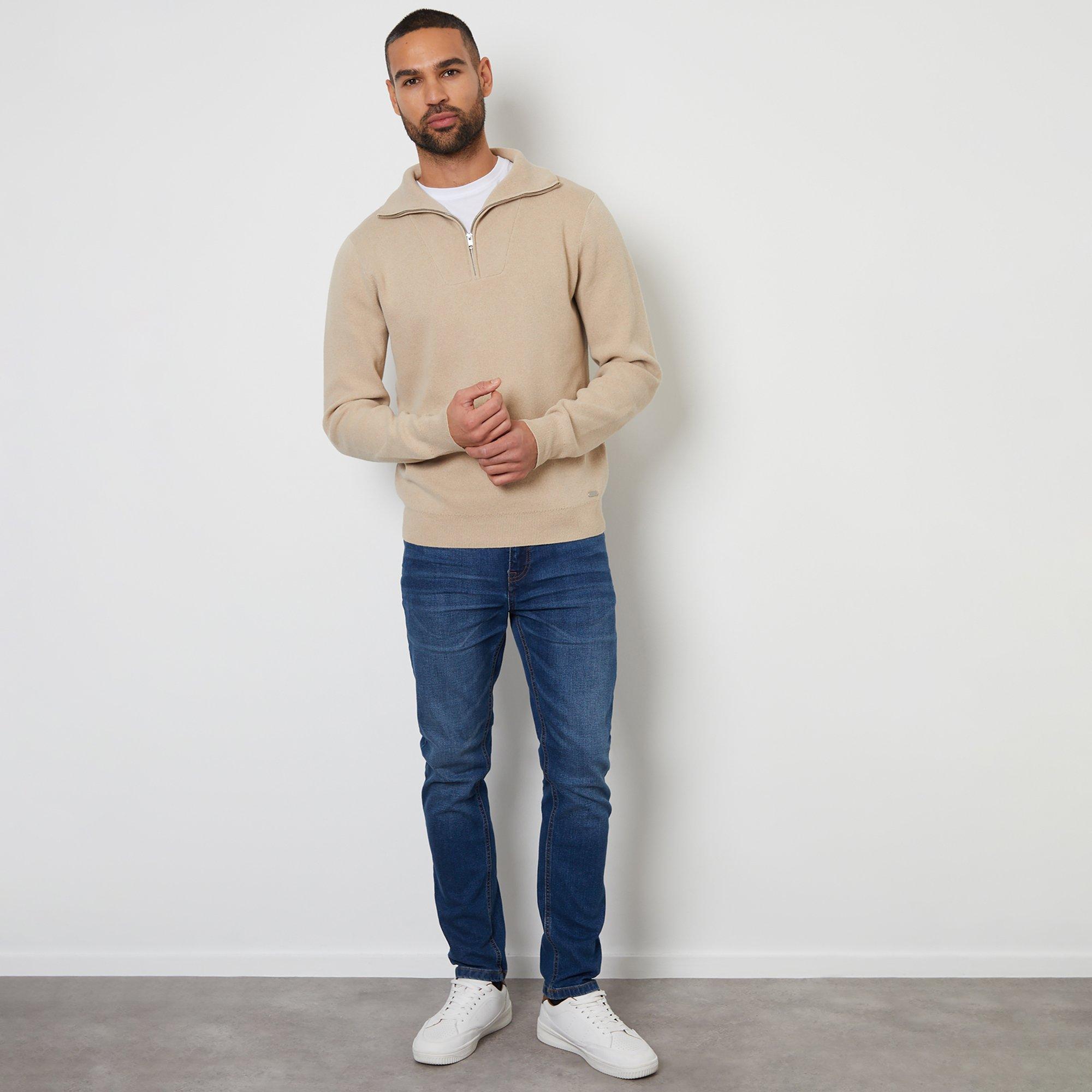 Brown - Threadbare - Rib Panel Quarter Zip Jumper - 3