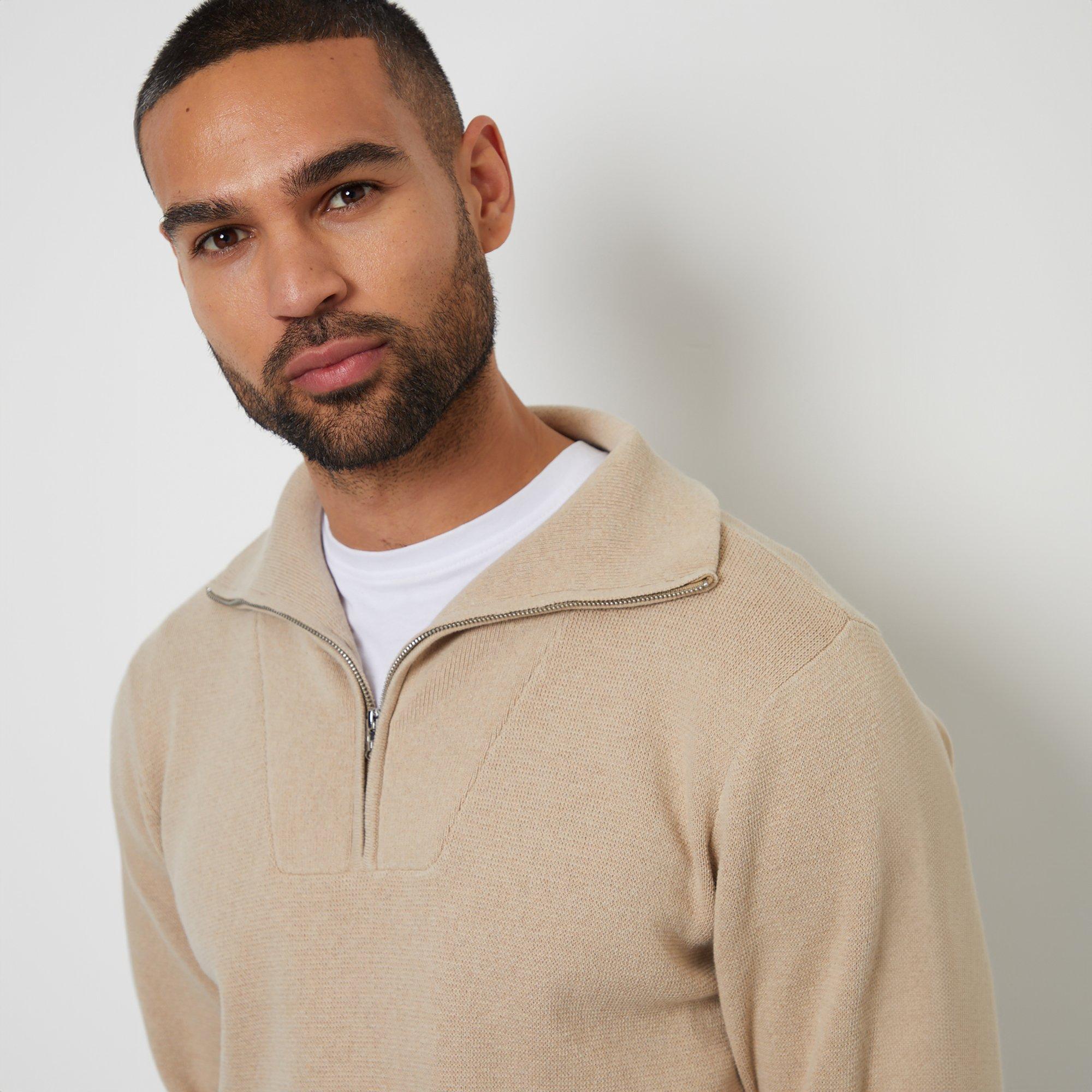 Brown - Threadbare - Rib Panel Quarter Zip Jumper - 4