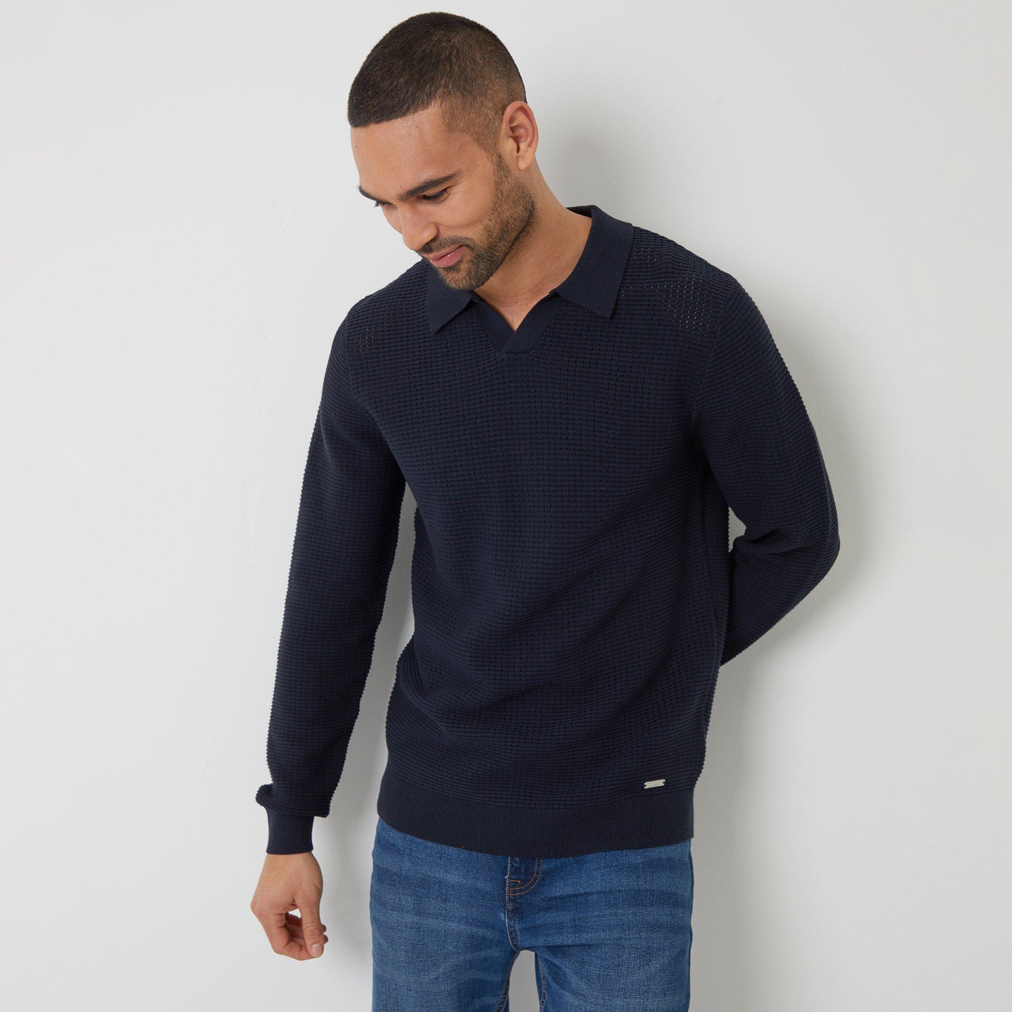 Navy - Threadbare - Textured Knitted Trophy Neck Long Sleeve Polo - 1