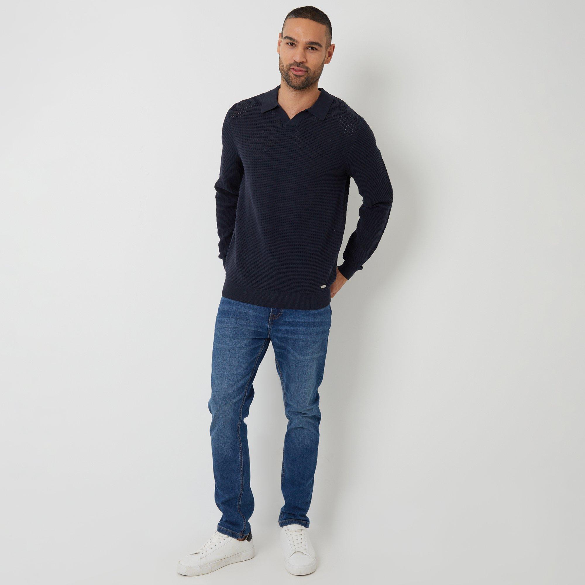 Navy - Threadbare - Textured Knitted Trophy Neck Long Sleeve Polo - 3