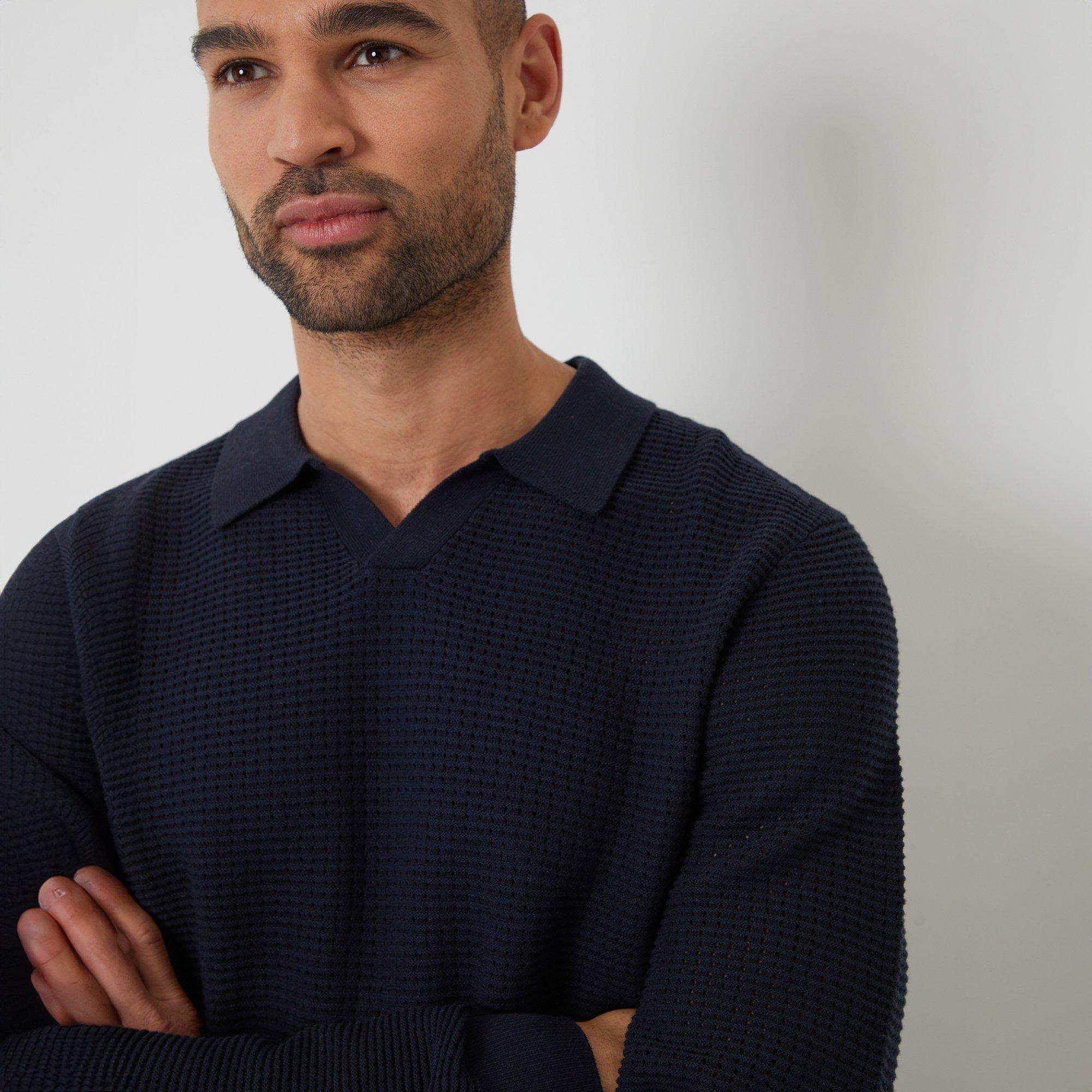 Navy - Threadbare - Textured Knitted Trophy Neck Long Sleeve Polo - 4