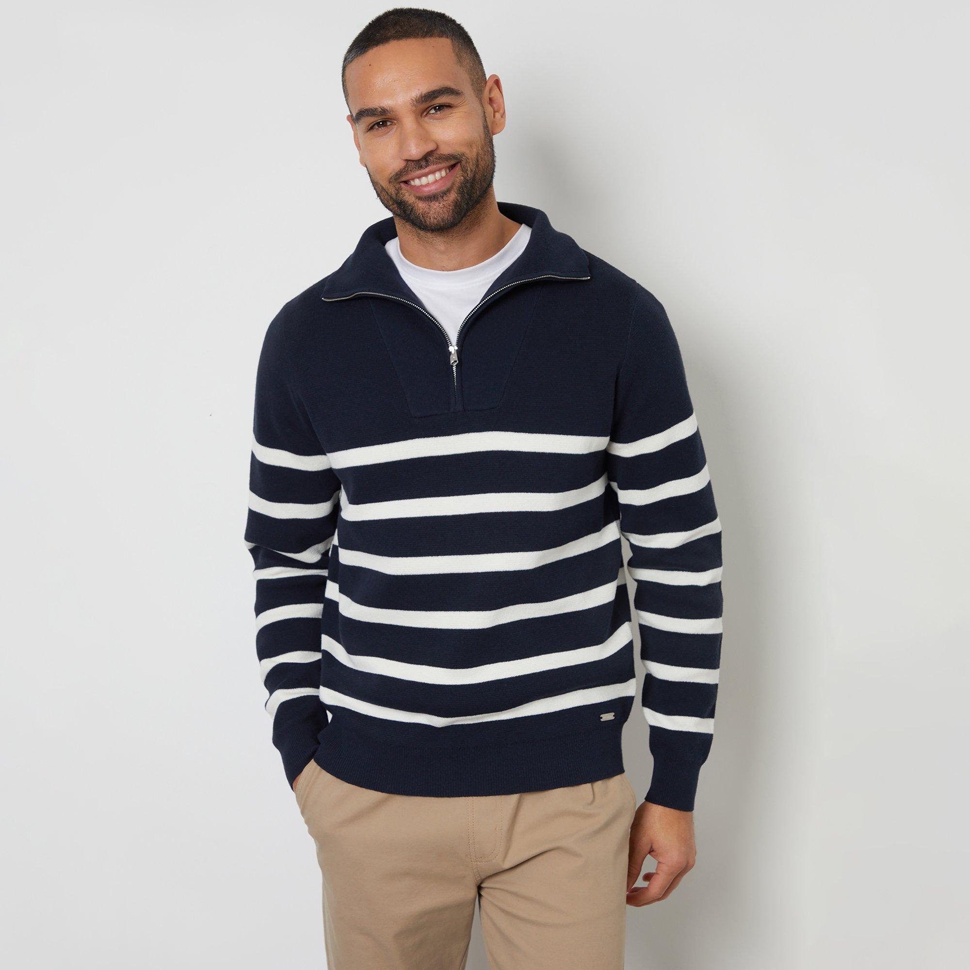 Navy - Threadbare - Striped Quarter Zip Knitted Jumper - 1