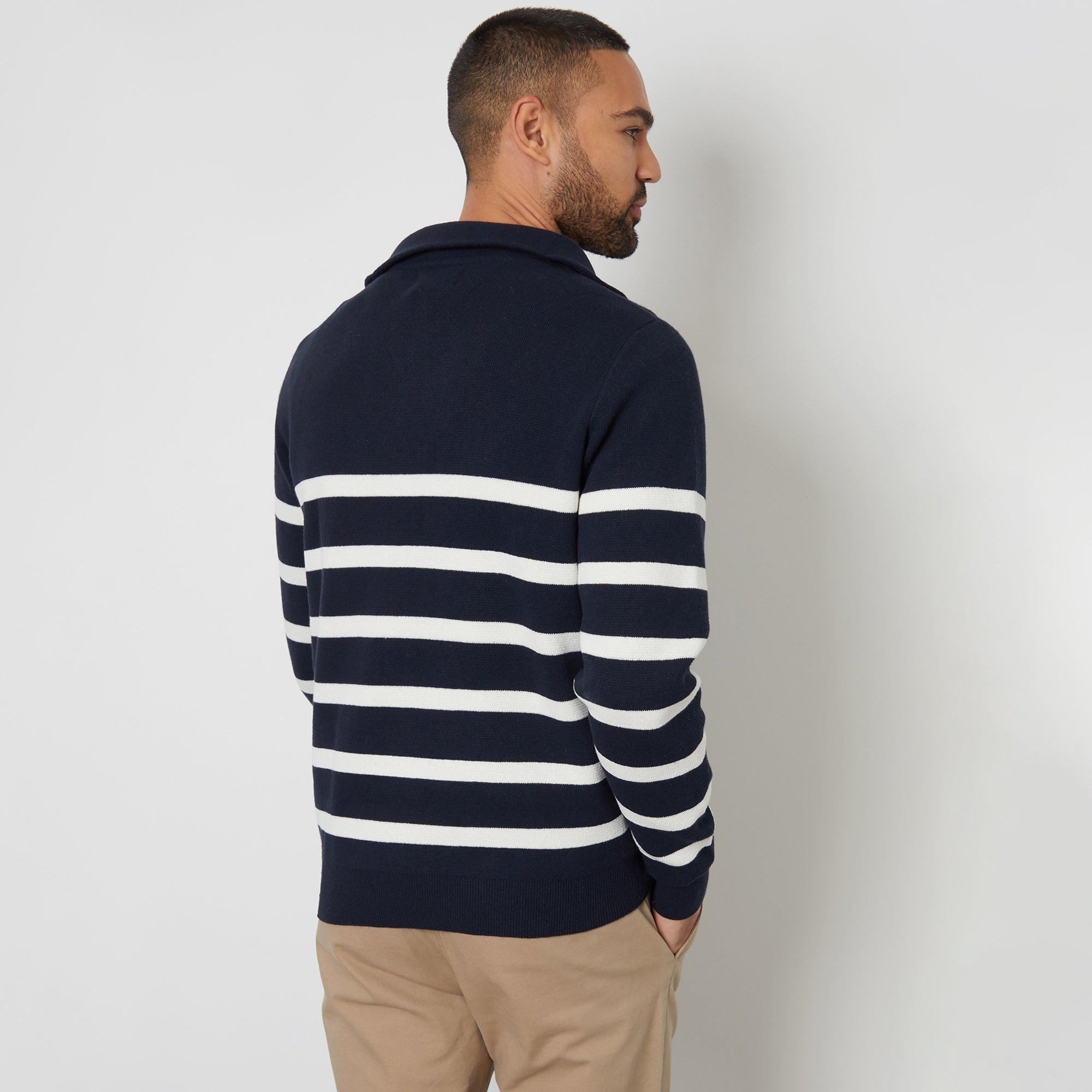 Navy - Threadbare - Striped Quarter Zip Knitted Jumper - 2