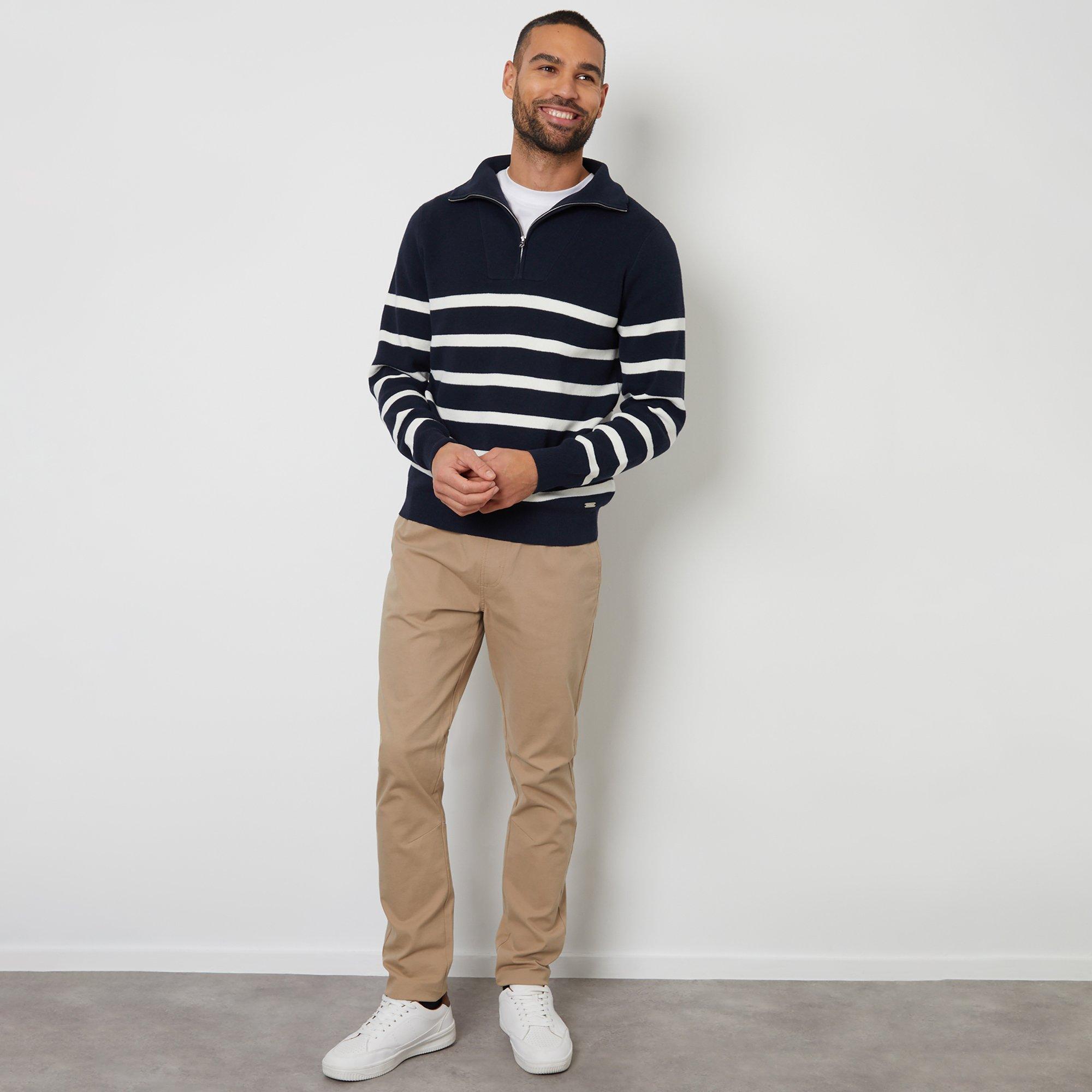 Navy - Threadbare - Striped Quarter Zip Knitted Jumper - 3