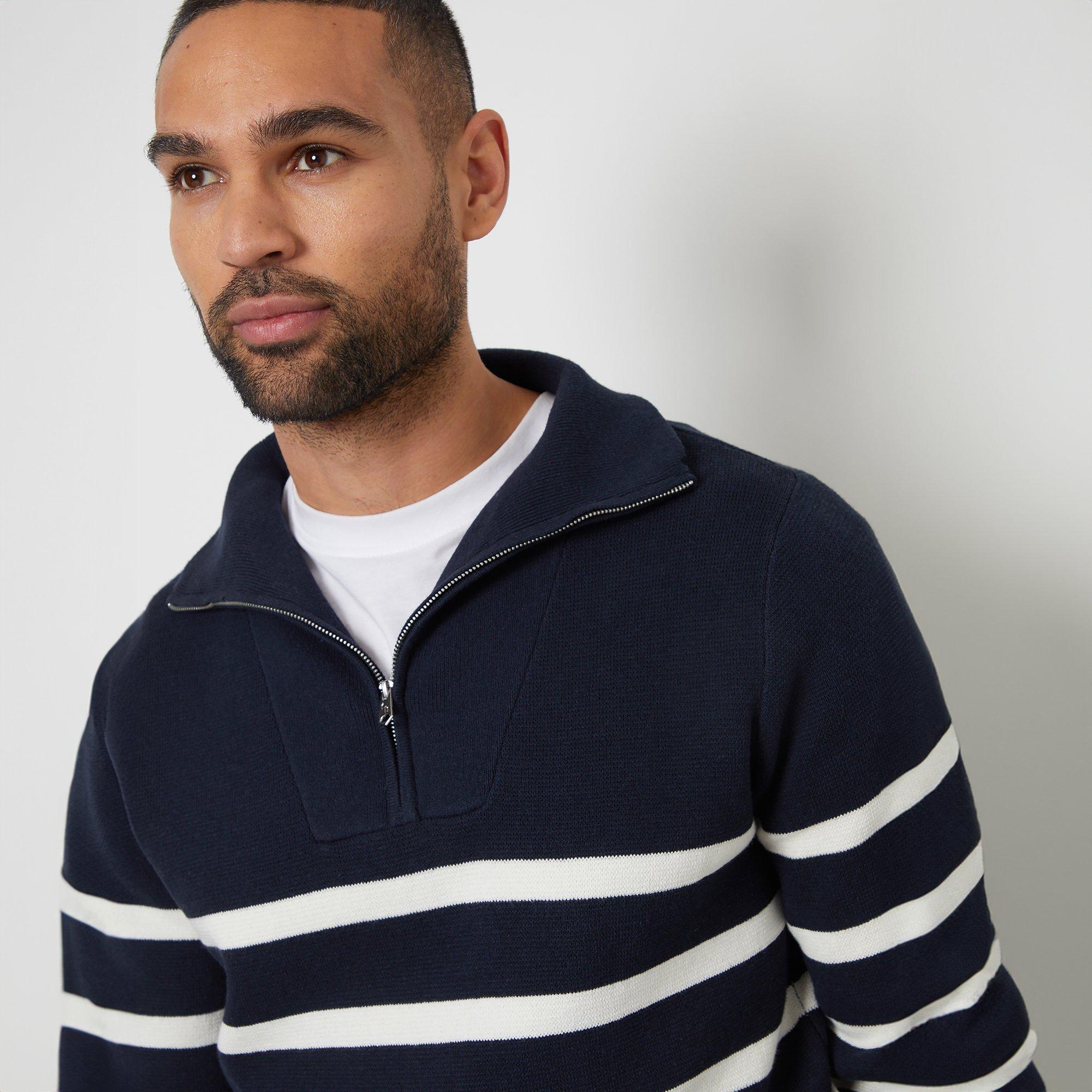 Navy - Threadbare - Striped Quarter Zip Knitted Jumper - 4