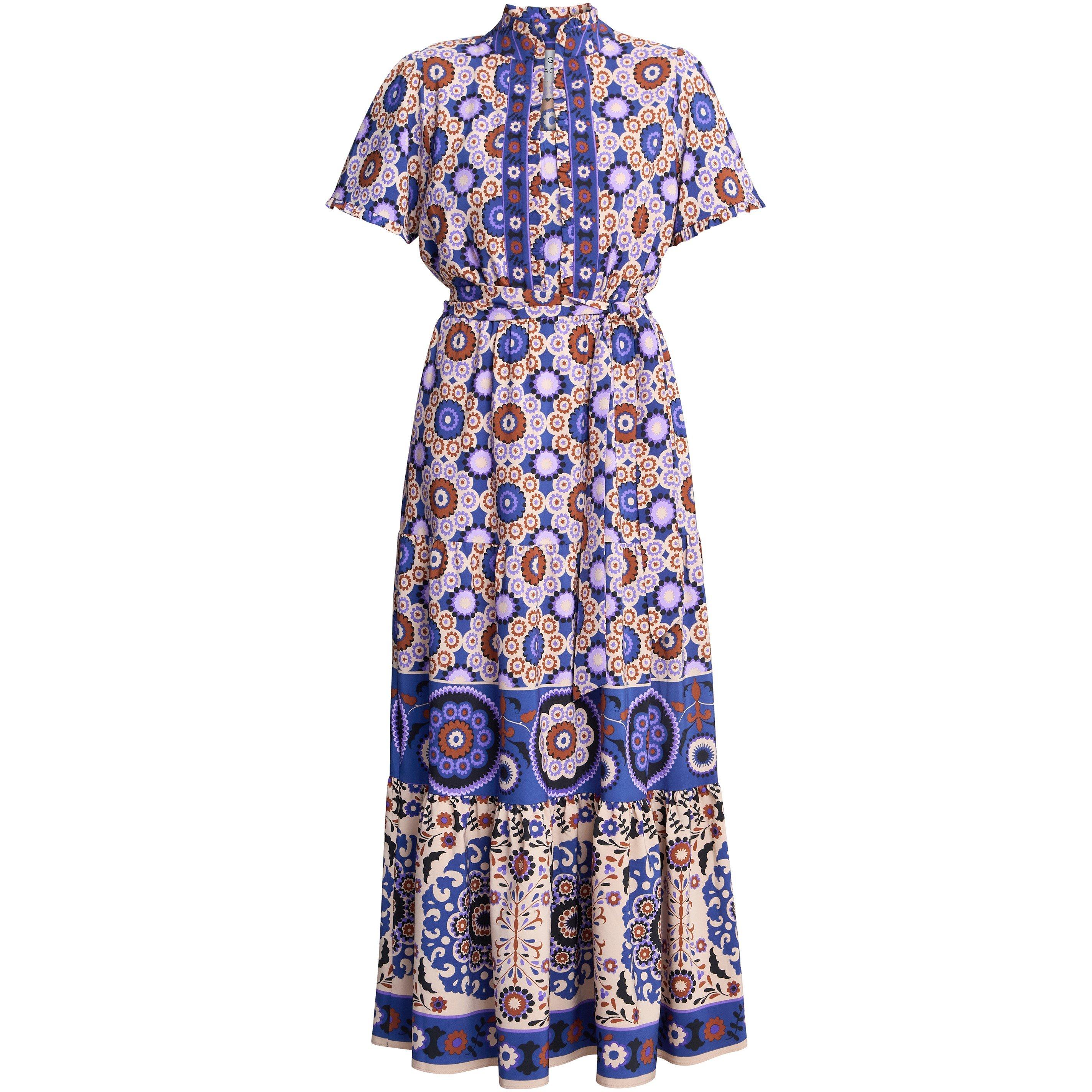 Beige / Blue - Gina Bacconi - Women's Margot Printed Maxi Fit and Flare Dress - 1