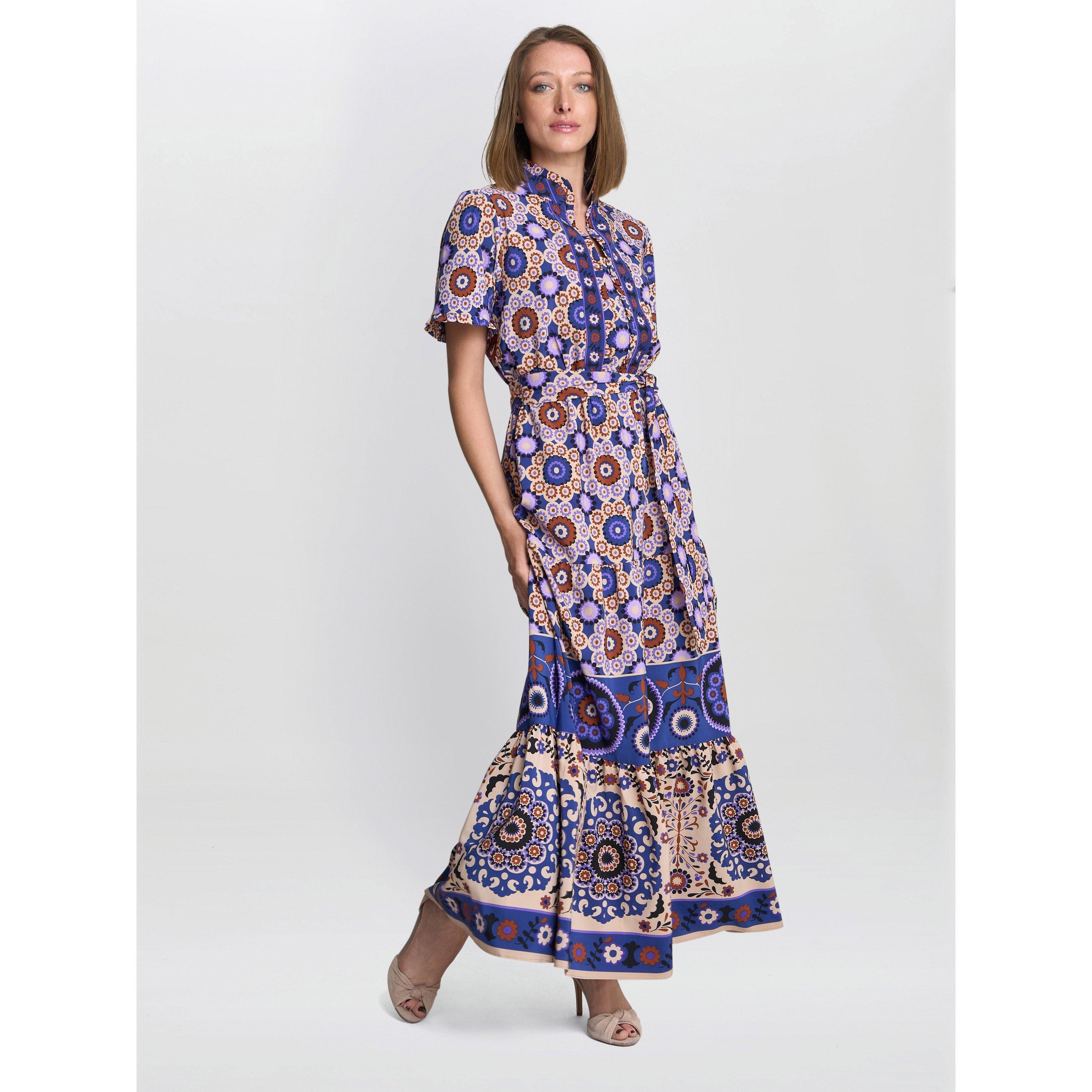 Beige / Blue - Gina Bacconi - Women's Margot Printed Maxi Fit and Flare Dress - 4