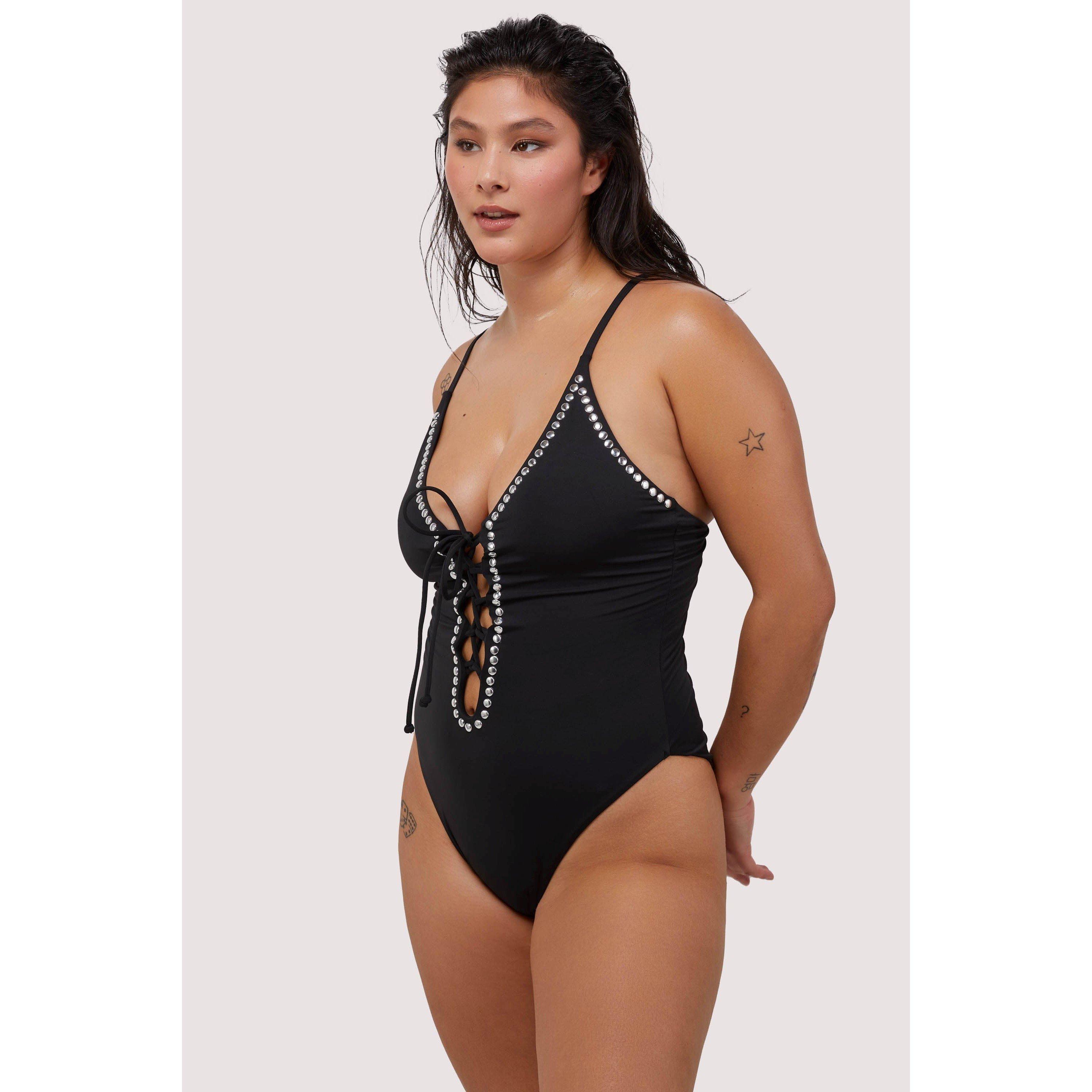 Black - Wolf and Whistle - Fuller Bust Black Eco Studded Lace-Up Swimsuit - 3