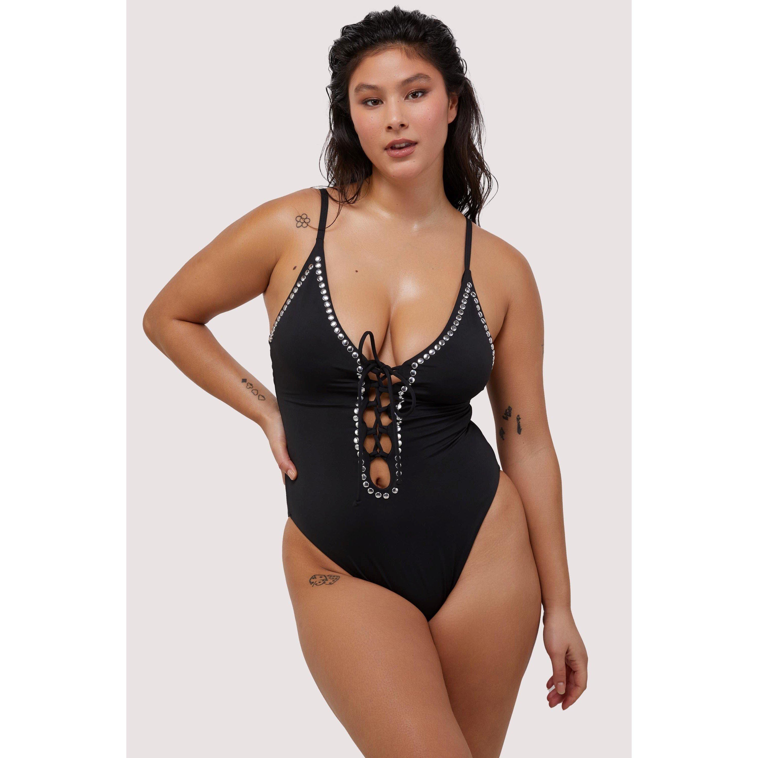 Black - Wolf and Whistle - Fuller Bust Black Eco Studded Lace-Up Swimsuit - 4