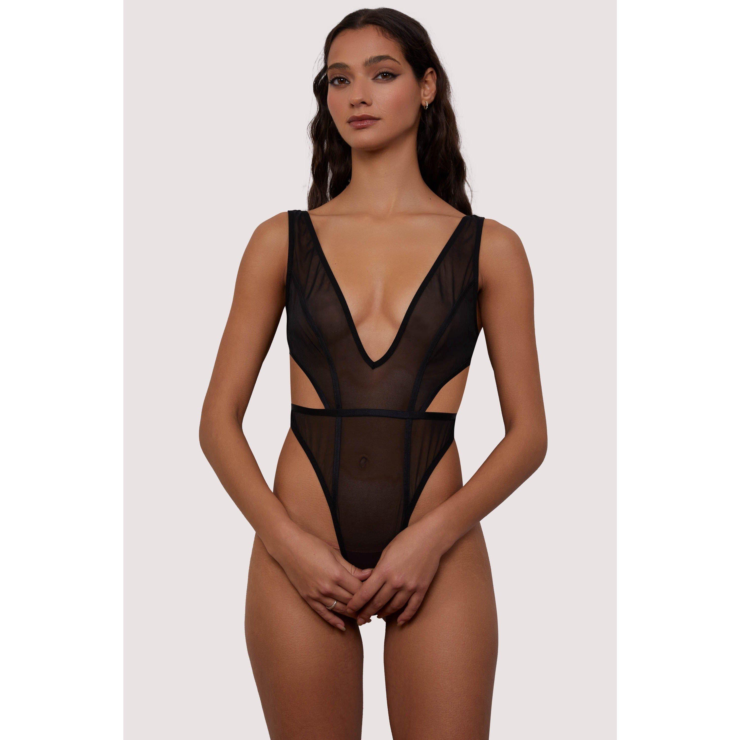 Black - Wolf and Whistle - Gigi Black Mesh Crotchless Bodysuit - 1