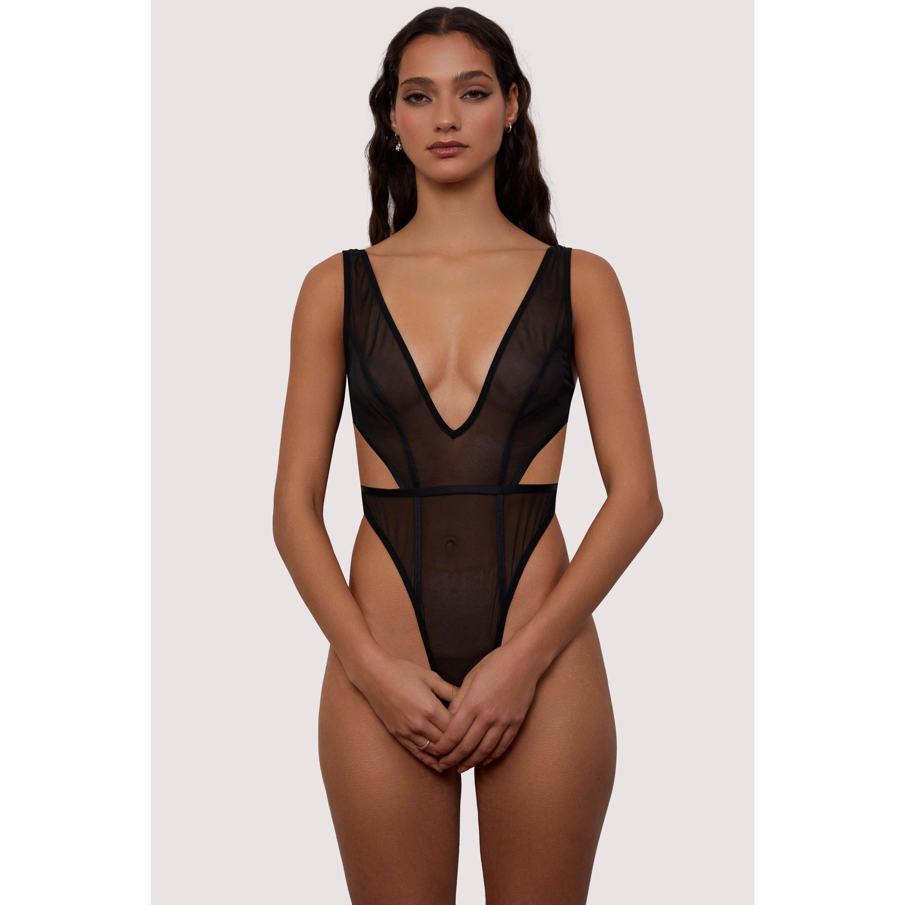 Black - Wolf and Whistle - Gigi Black Mesh Crotchless Bodysuit - 4