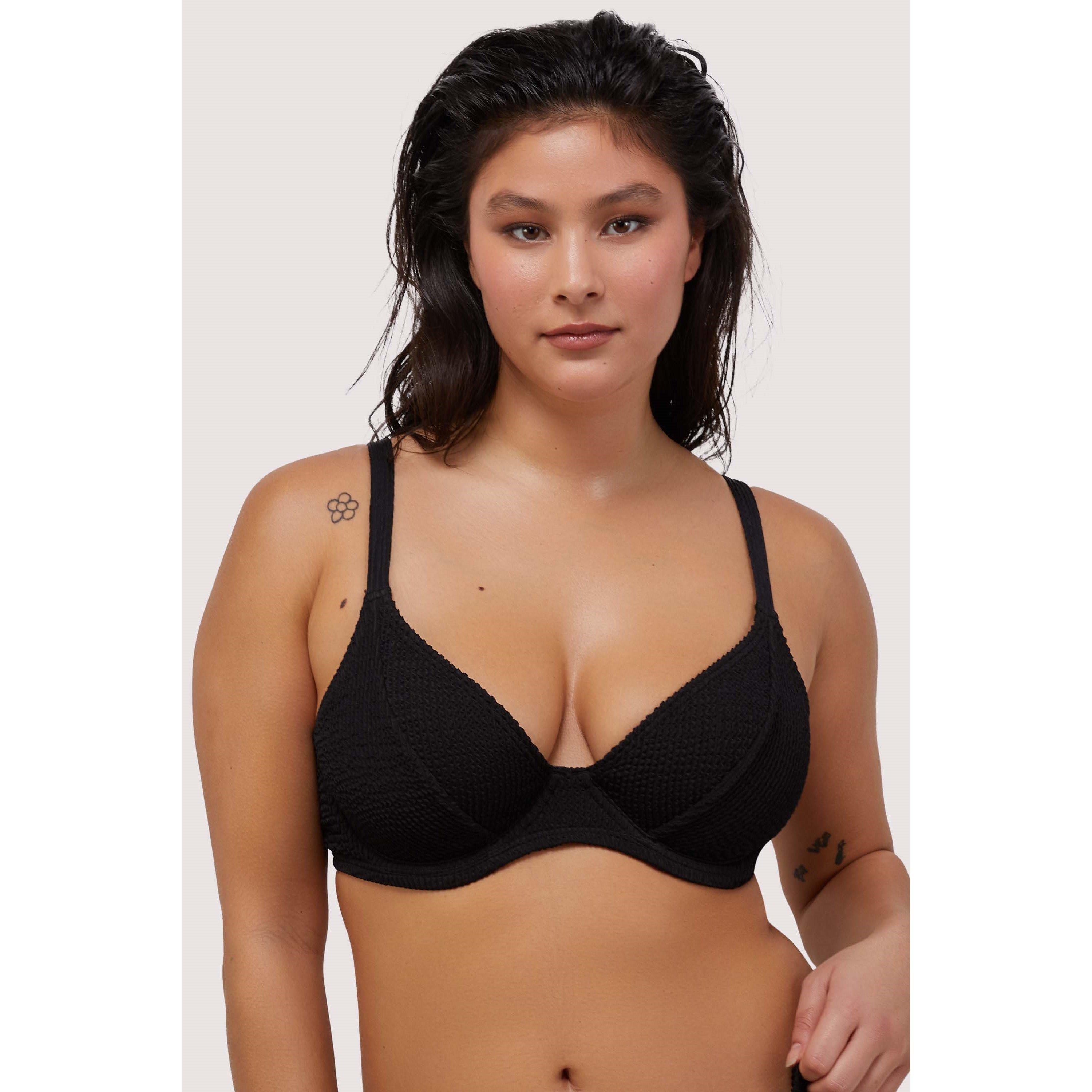 Black - Wolf and Whistle - Black Textured Wired Plunge Bikini Top - 1