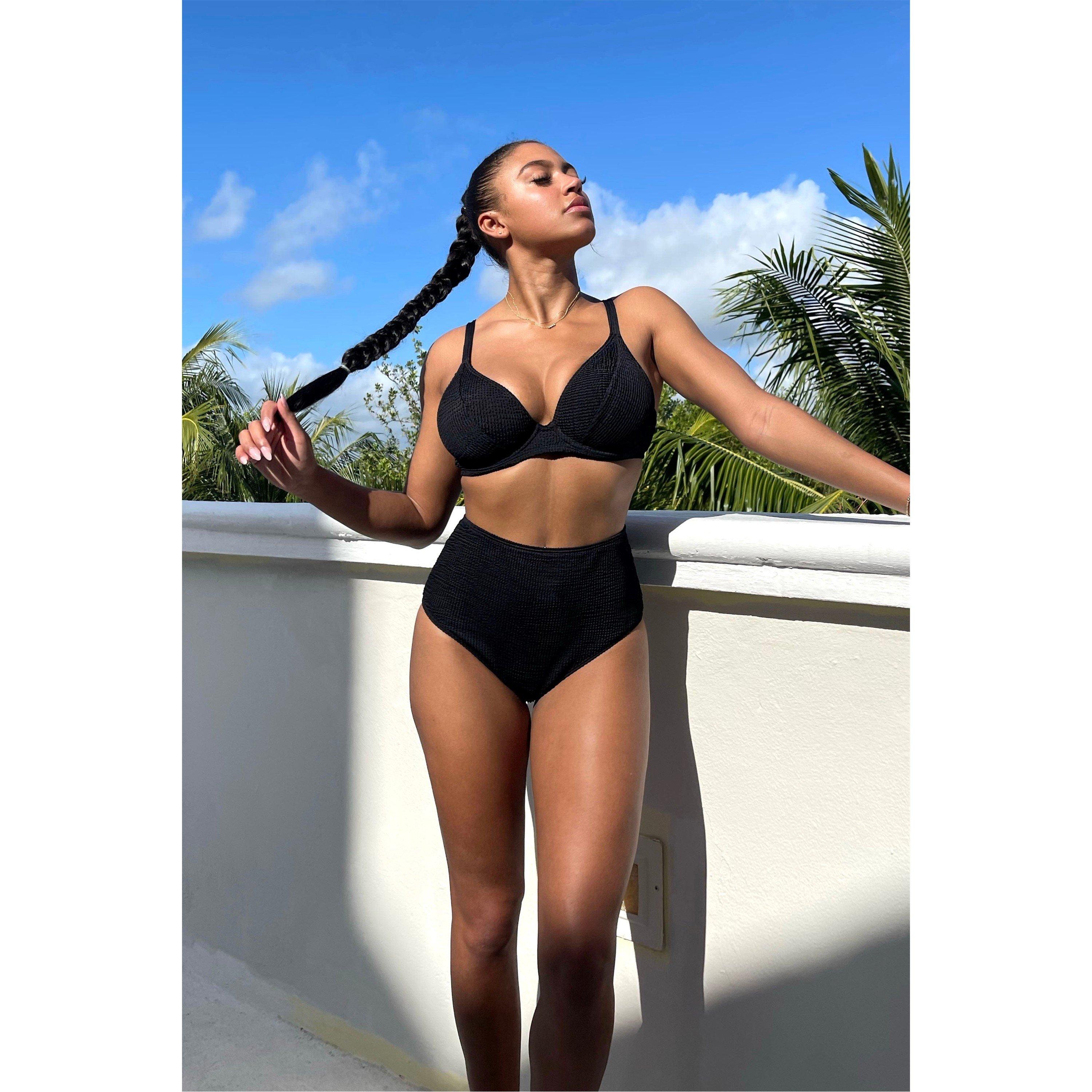 Black - Wolf and Whistle - Black Textured Wired Plunge Bikini Top - 6