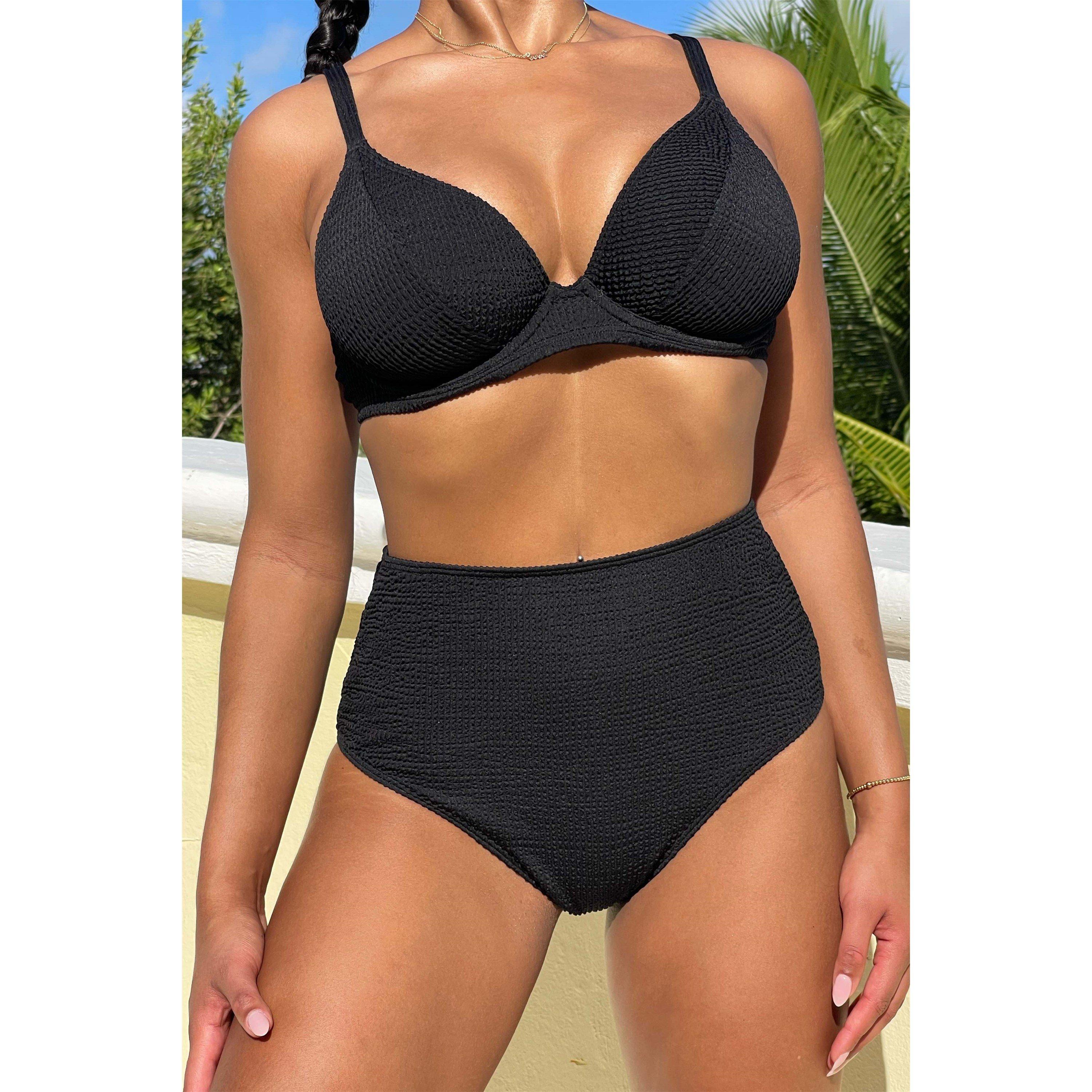 Black - Wolf and Whistle - Black Textured Wired Plunge Bikini Top - 8