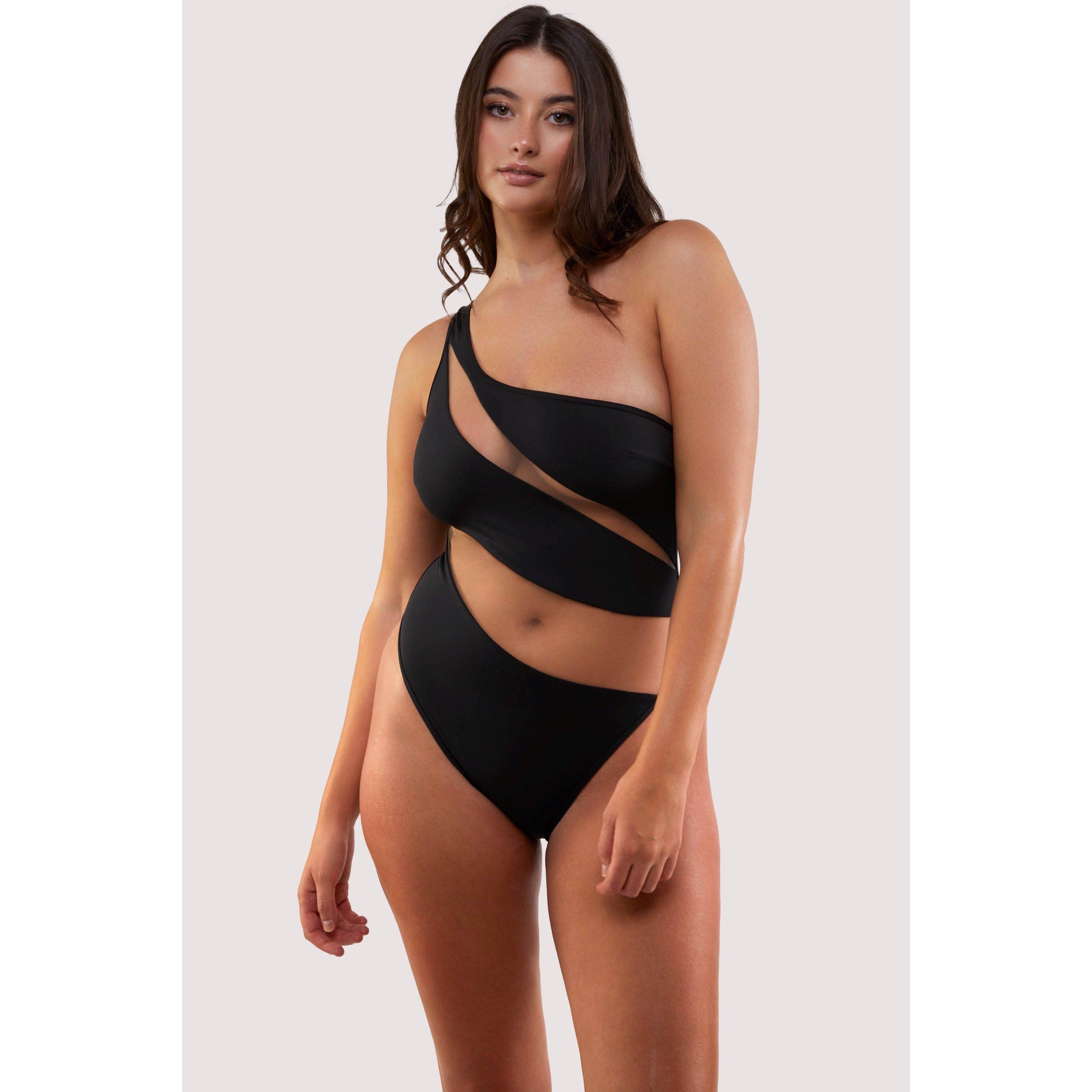 Black - Wolf and Whistle - Fuller Bust Asymmetric Swimsuit Nude Mesh Inserts - 1