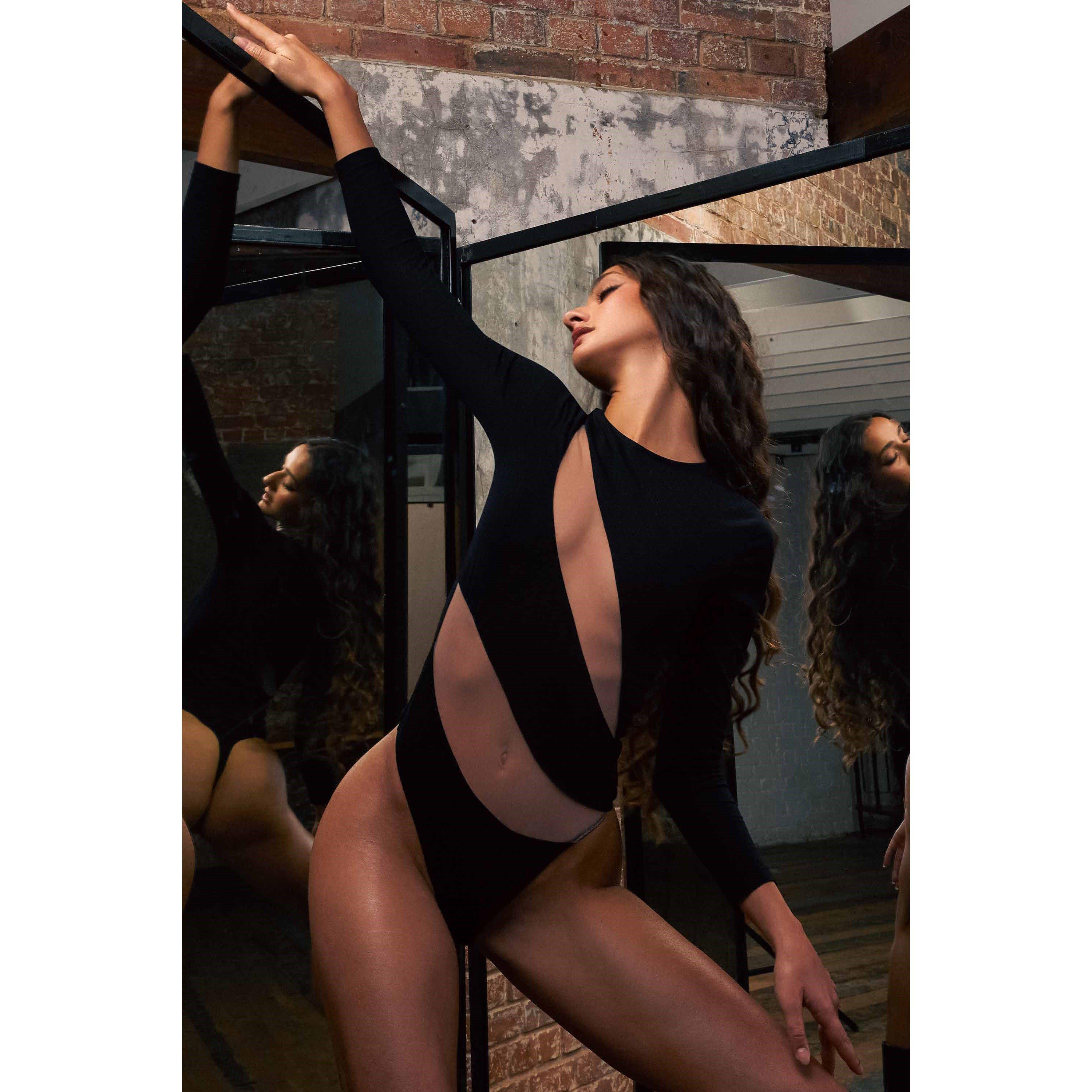 Black - Wolf and Whistle - Jasi Sheer Panelled Thong Body - 2