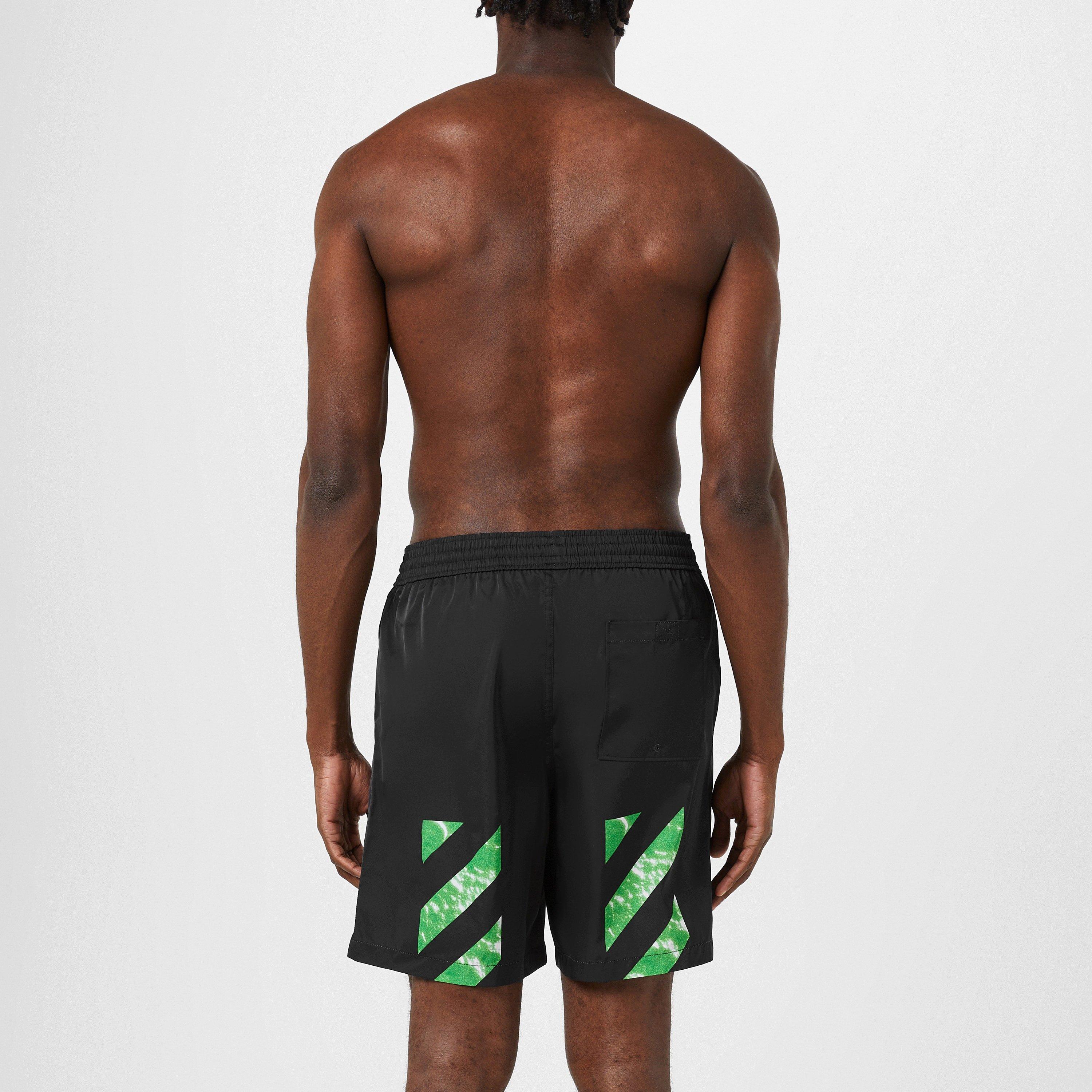 Black - Off White - Men's Moon Tab Surfer Diagonal Stripe Swim Shorts - 4