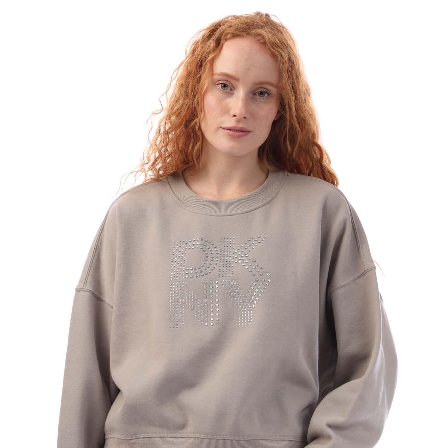 Brown - DKNY - Mixed Rhinestone Stud Logo Crew Sweat Shirt - 2