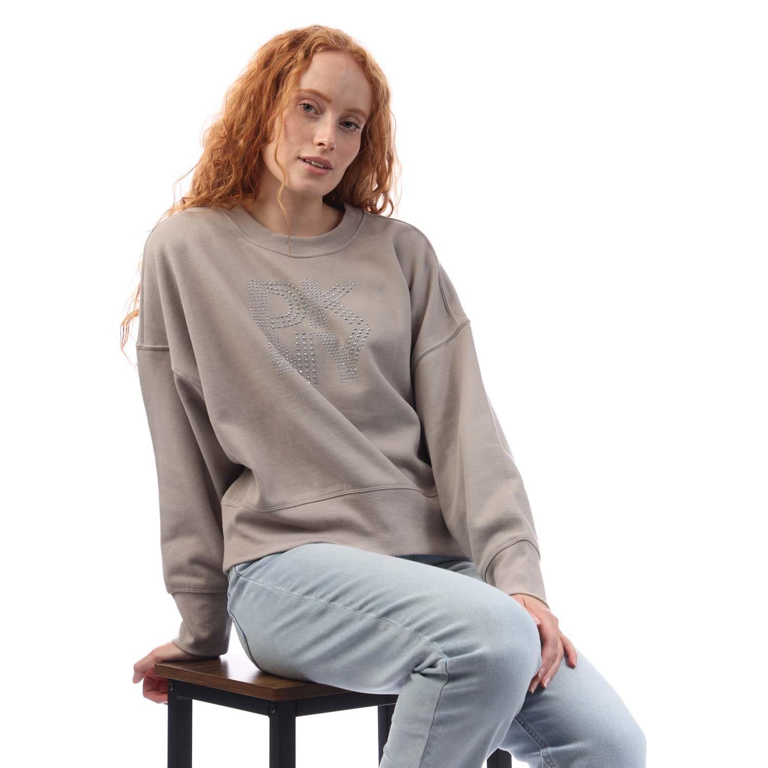 Brown - DKNY - Mixed Rhinestone Stud Logo Crew Sweat Shirt - 4