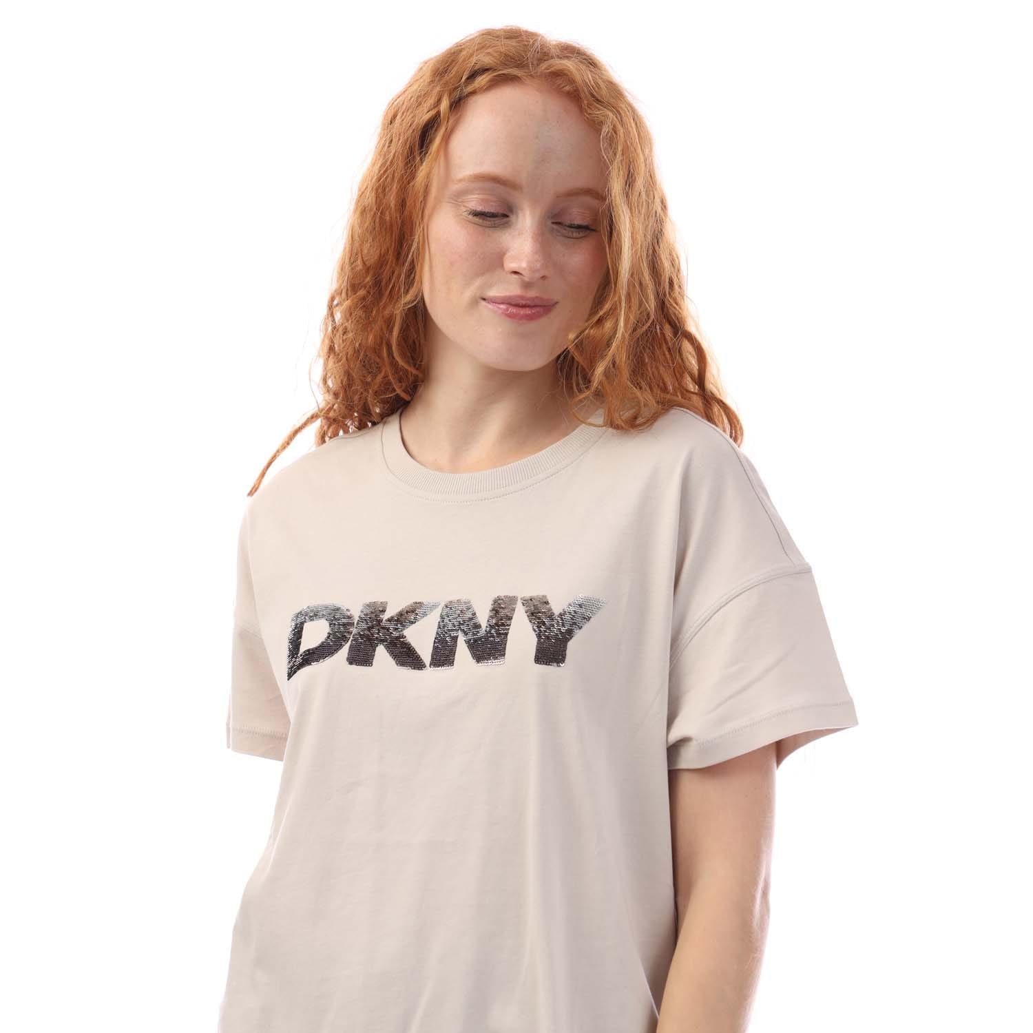Beige - DKNY - Sequin Logo T-Shirt - 2
