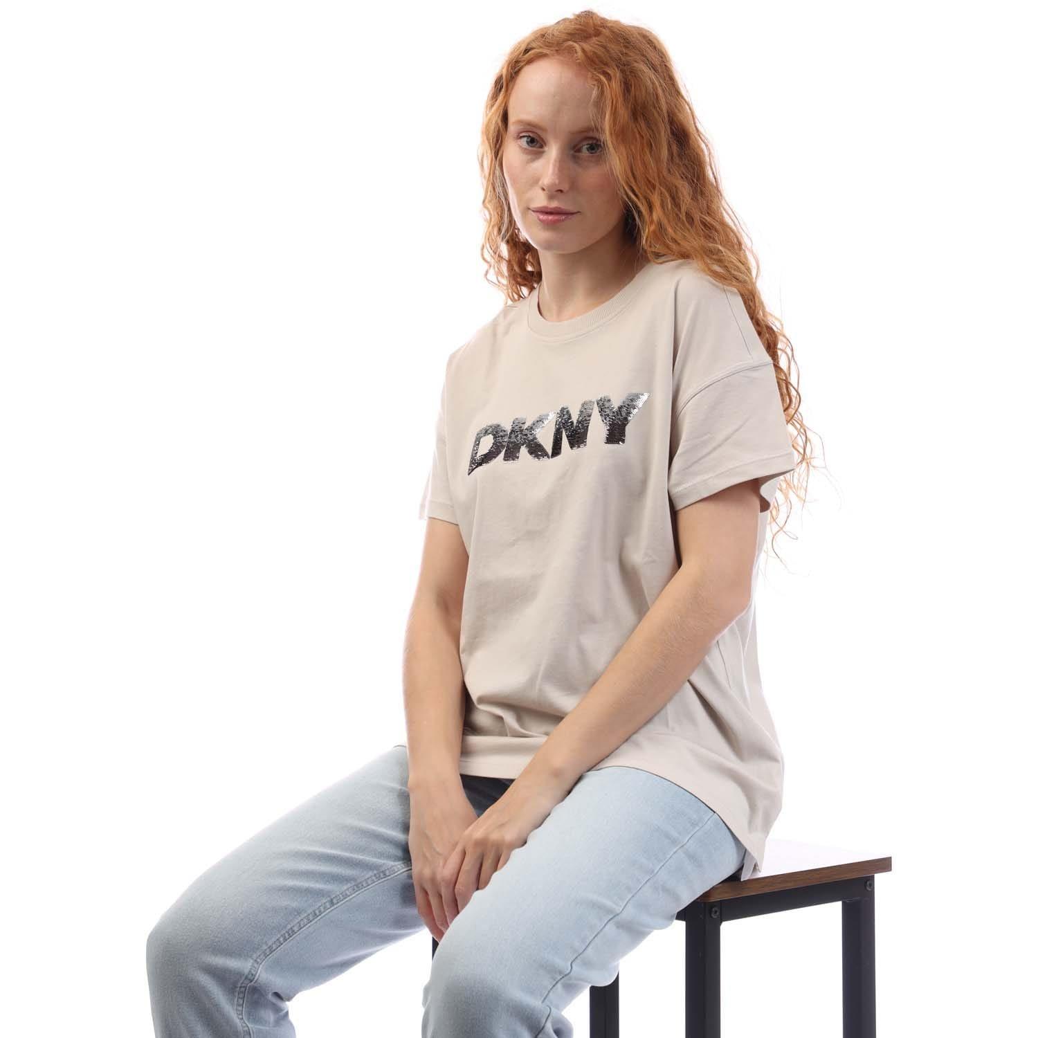 Beige - DKNY - Sequin Logo T-Shirt - 4