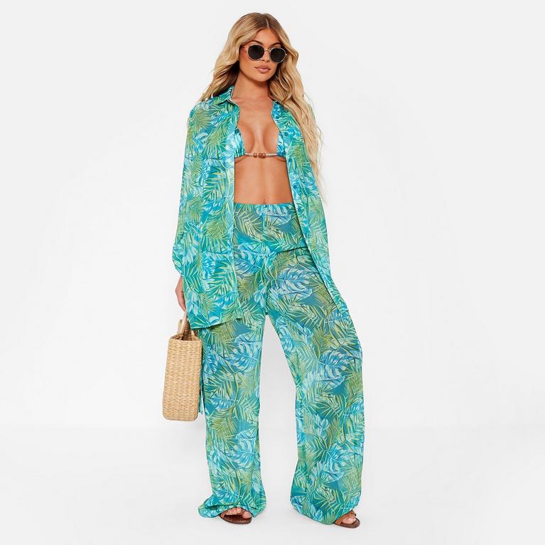 BLUE LEAF - I Saw It First - ISAWITFIRST Palm Print Mesh Tie Side Beach Trousers - 2