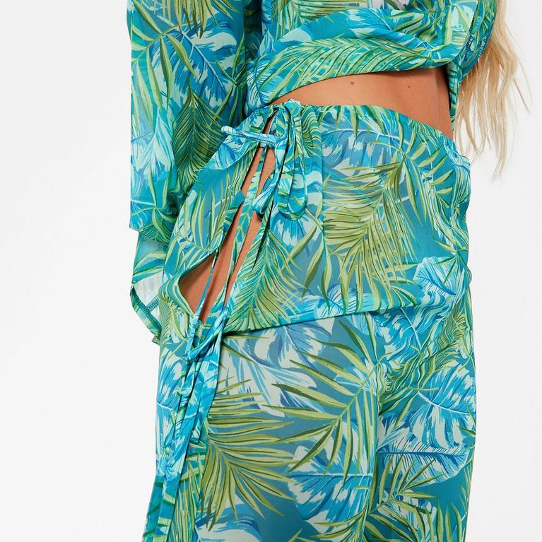 BLUE LEAF - I Saw It First - ISAWITFIRST Palm Print Mesh Tie Side Beach Trousers - 4