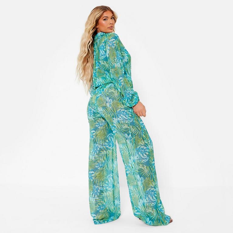 BLUE LEAF - I Saw It First - ISAWITFIRST Palm Print Mesh Tie Side Beach Trousers - 5