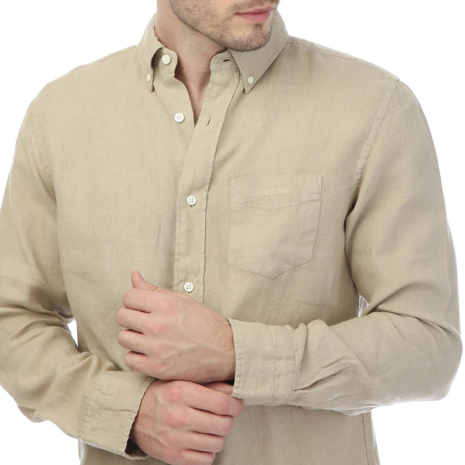 Beige - Gant - Regular Fit Garment Dyed Linen Shirt - 3