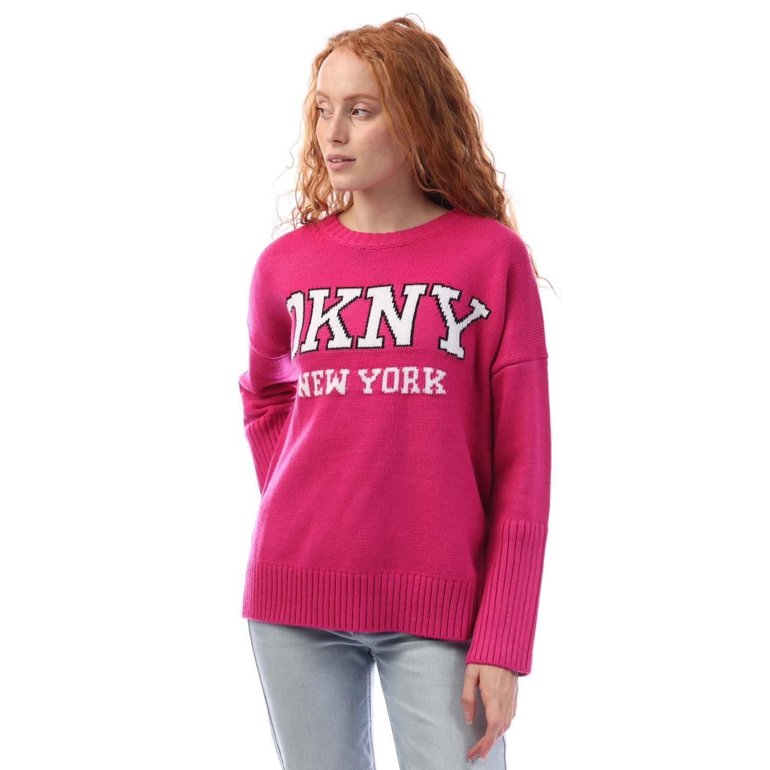 Pink Purple - DKNY - Varsity Logo Intarsia Crew Neck Knit Sweater - 1