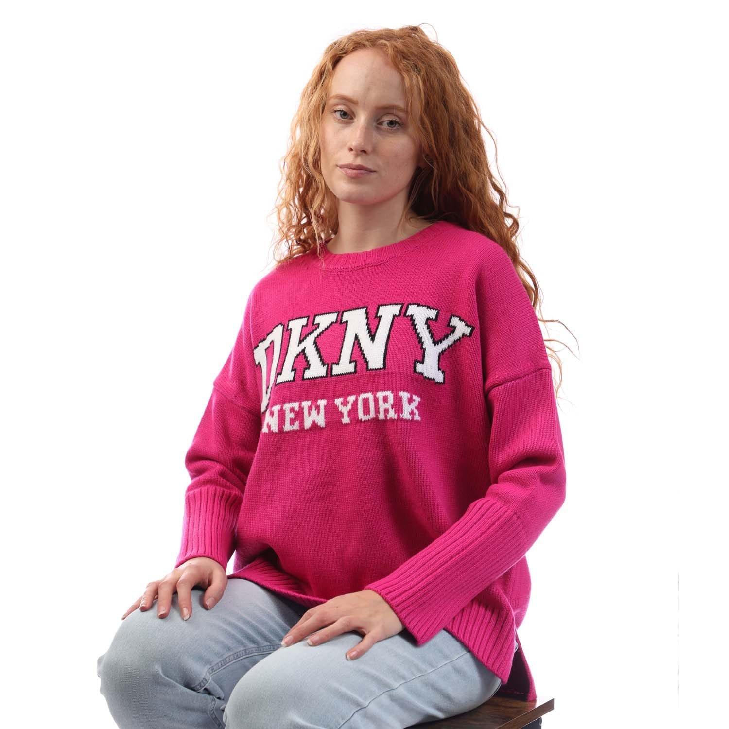 Pink Purple - DKNY - Varsity Logo Intarsia Crew Neck Knit Sweater - 4