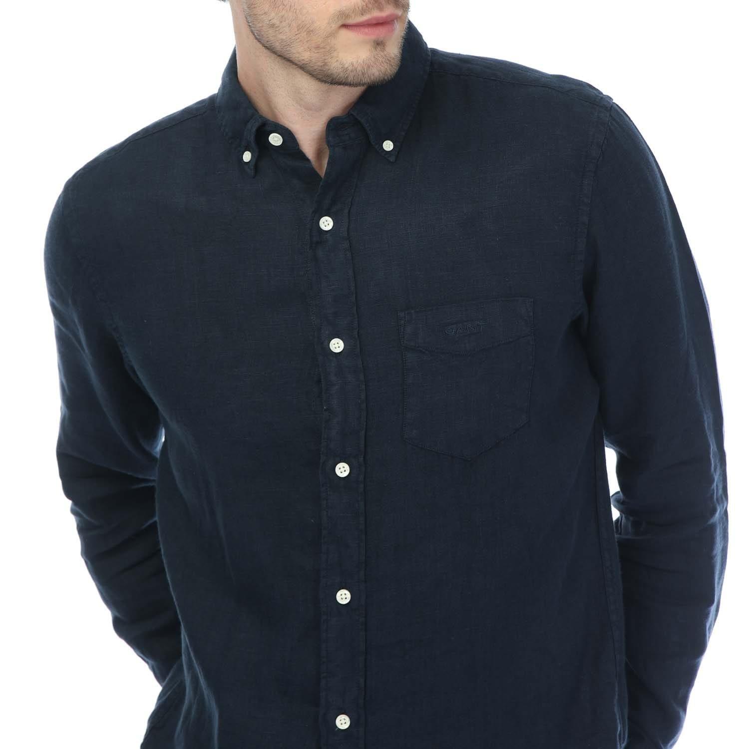 Navy - Gant - Regular Fit Garment Dyed Linen Shirt - 3