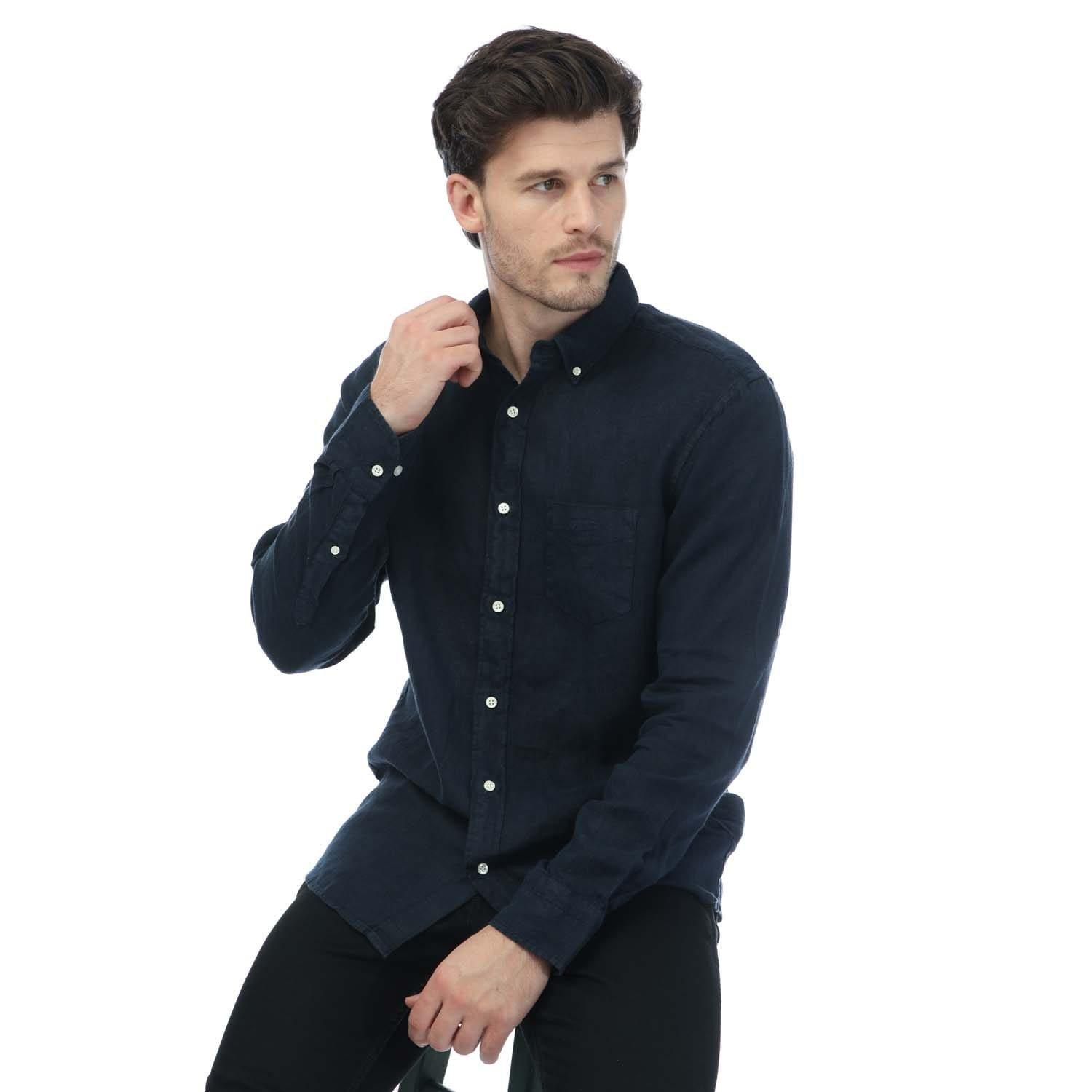 Navy - Gant - Regular Fit Garment Dyed Linen Shirt - 4