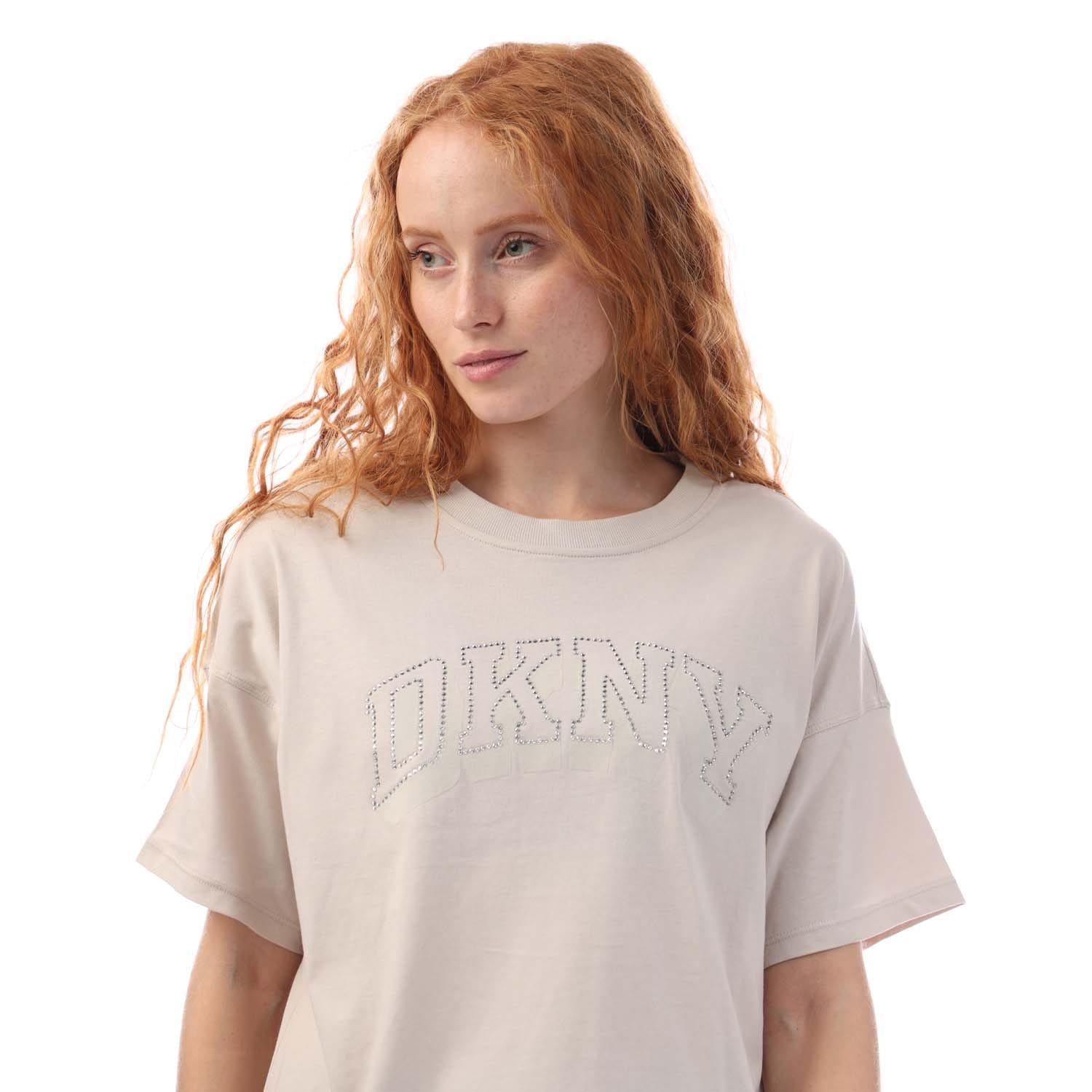 Beige - DKNY - Flaked Rhinestone Logo T-shirt - 2