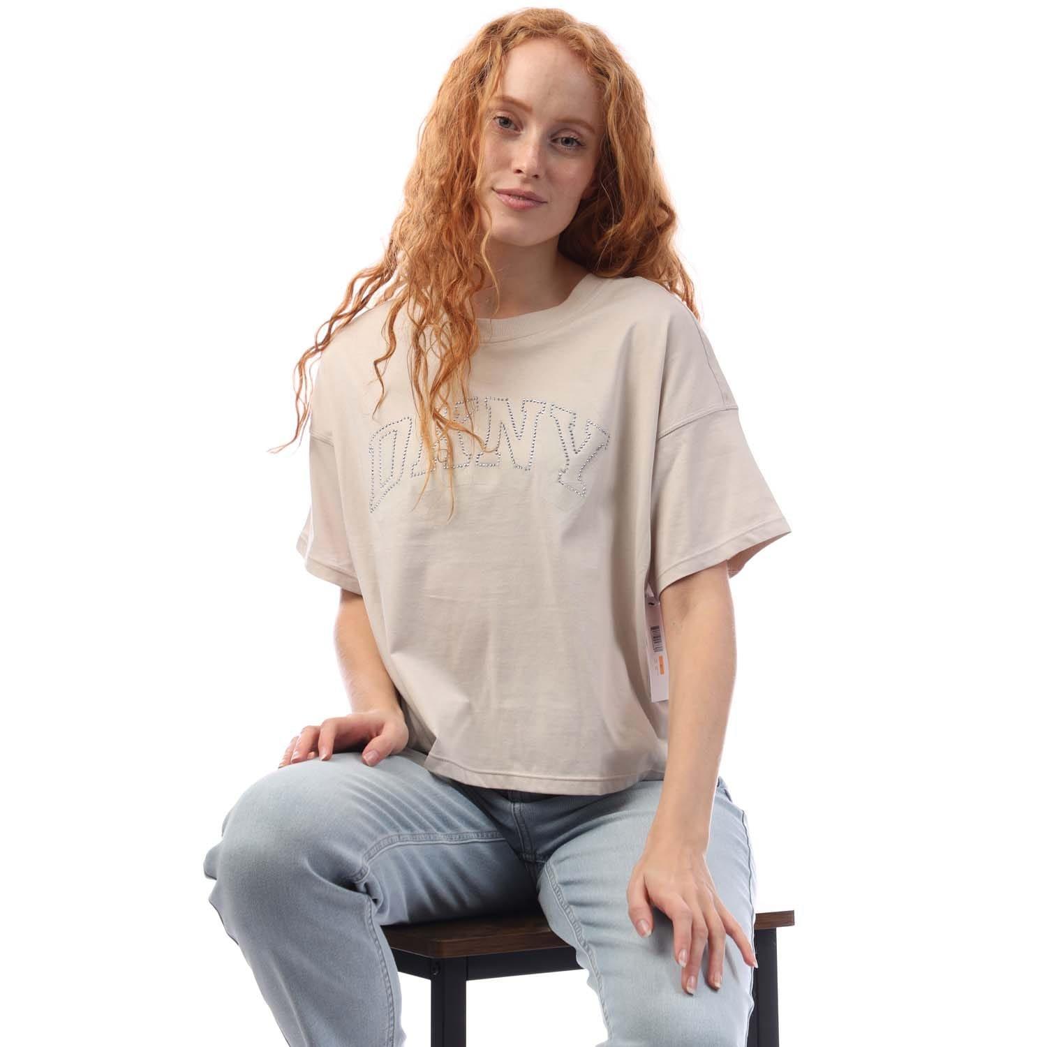 Beige - DKNY - Flaked Rhinestone Logo T-shirt - 4