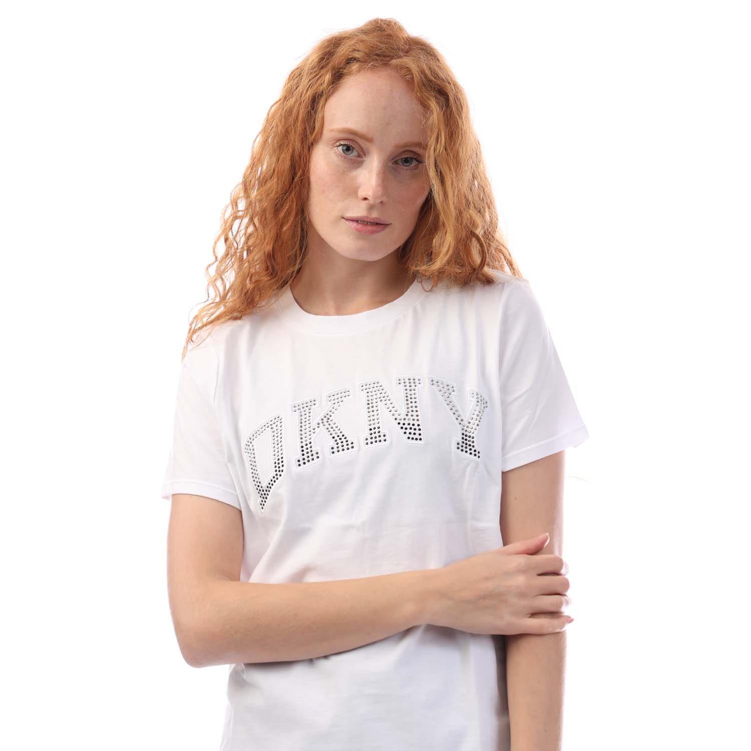 White Silver - DKNY - Arched Varsity Rhinestone Logo  T-Shirt - 2
