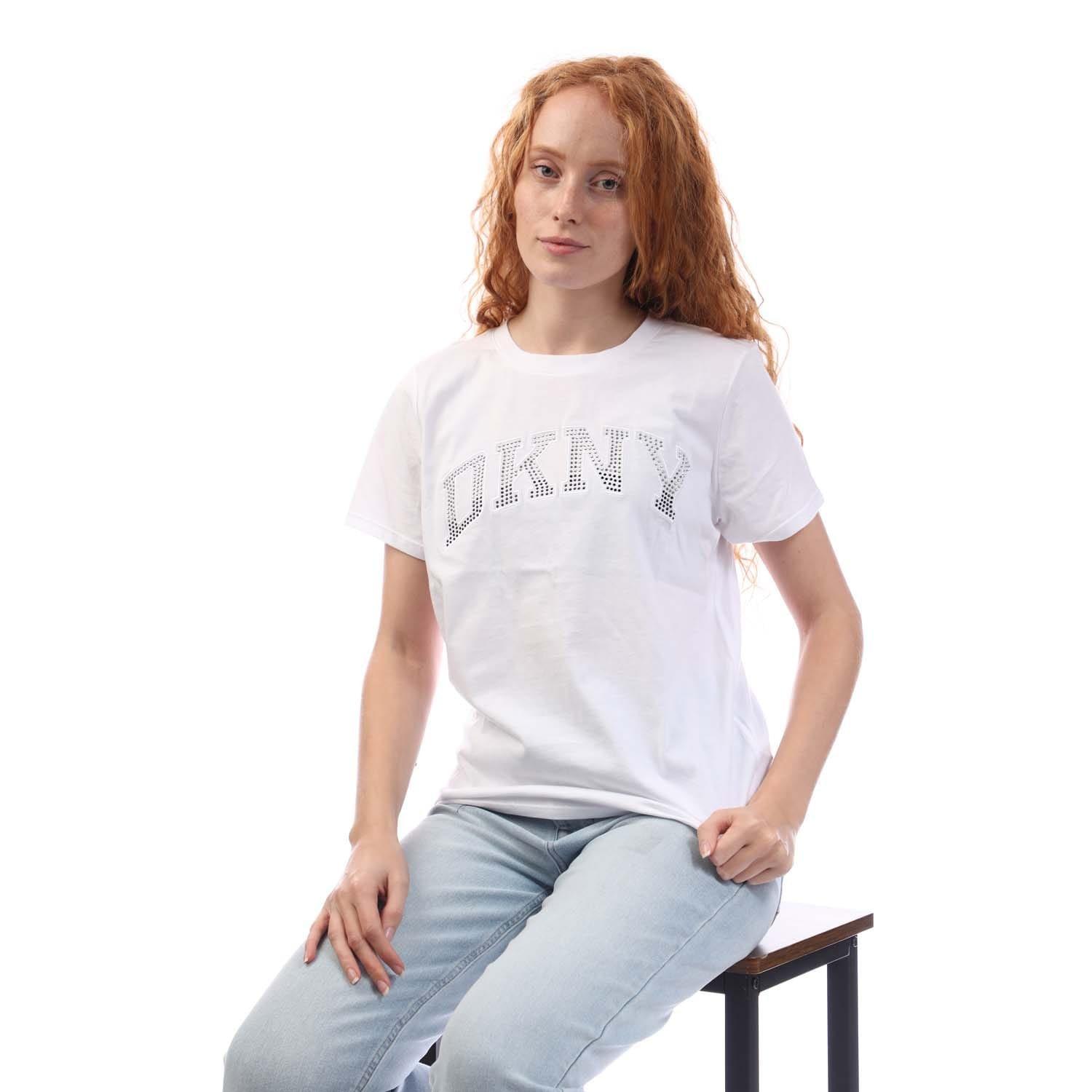 White Silver - DKNY - Arched Varsity Rhinestone Logo  T-Shirt - 4