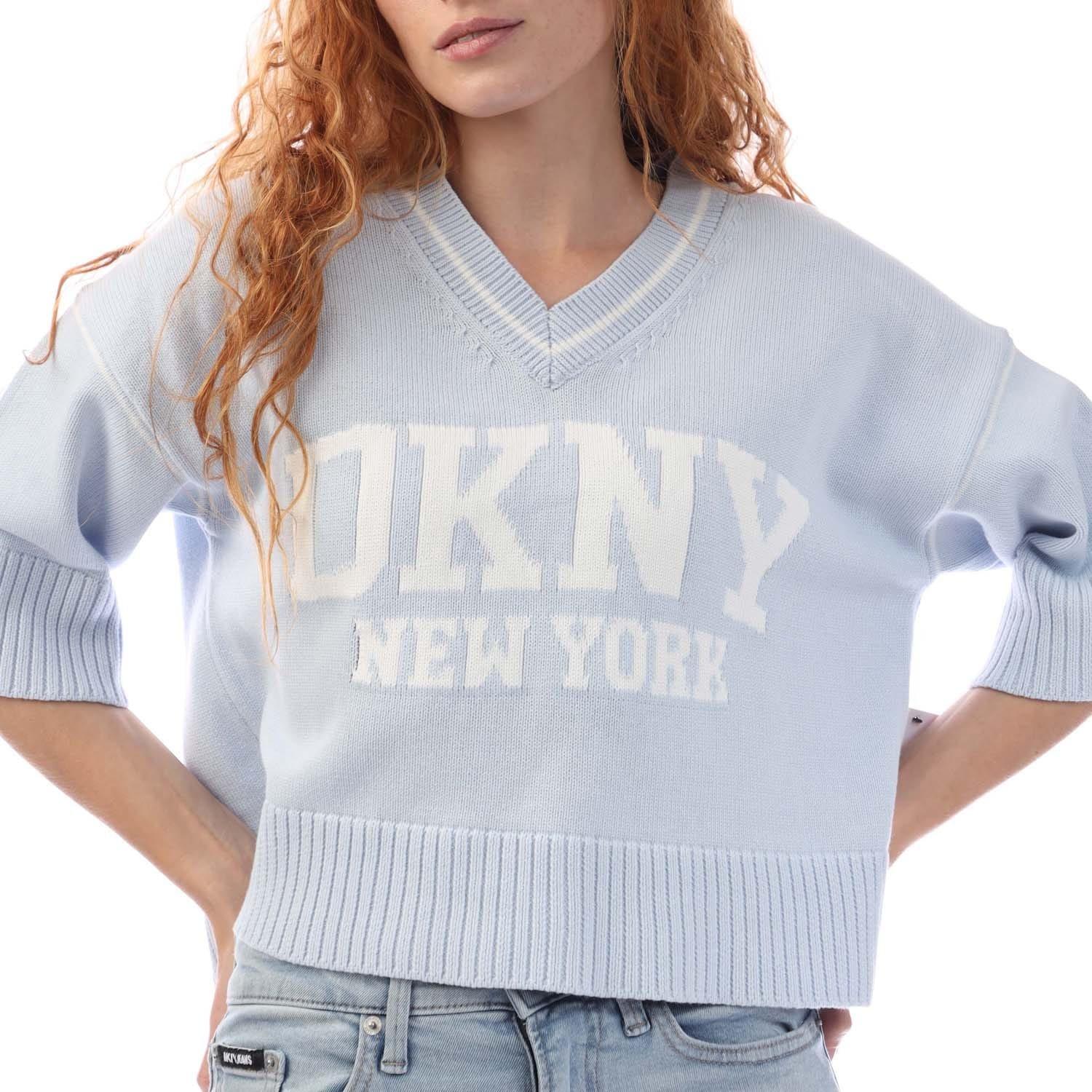 Purple - DKNY - V-Neck Varsity Logo Knit Sweater - 2