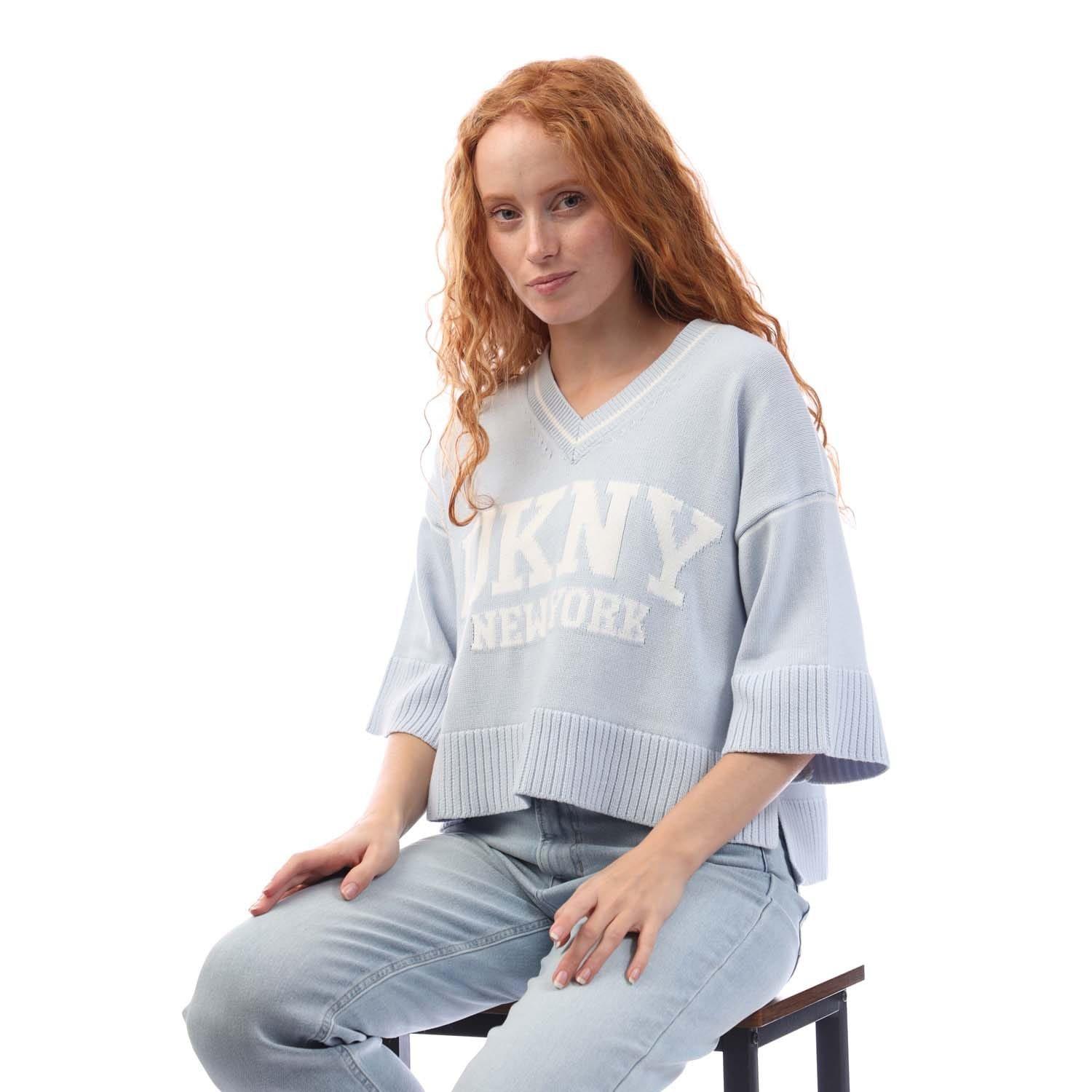 Purple - DKNY - V-Neck Varsity Logo Knit Sweater - 4