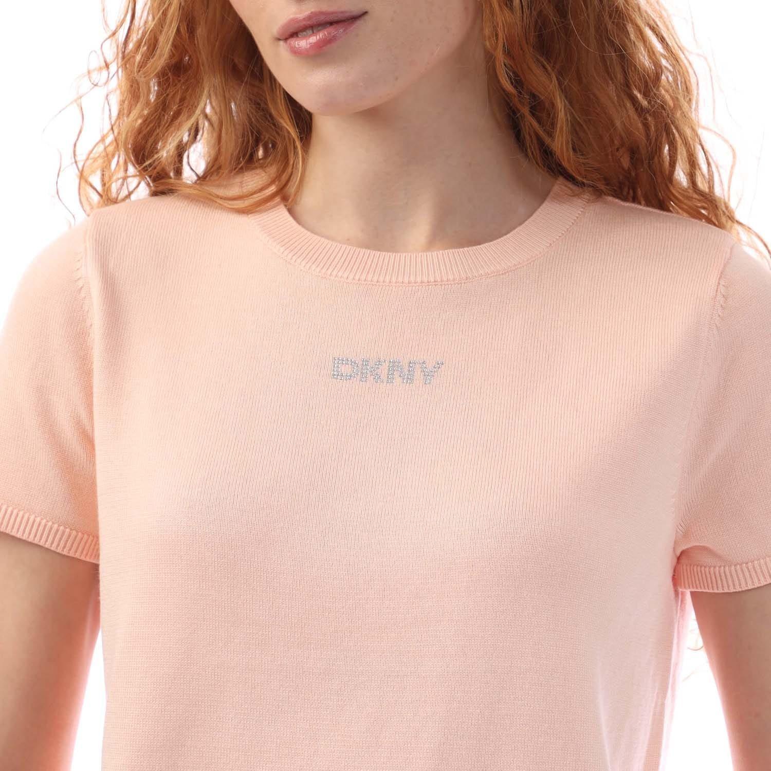 Peach - DKNY - Short Sleeve Rhinestone Knit Sweater - 2