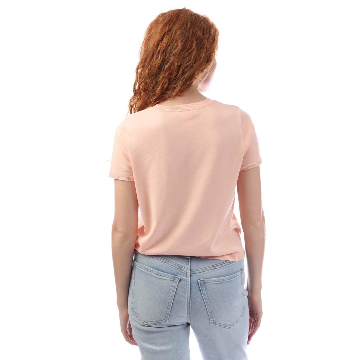 Peach - DKNY - Short Sleeve Rhinestone Knit Sweater - 3
