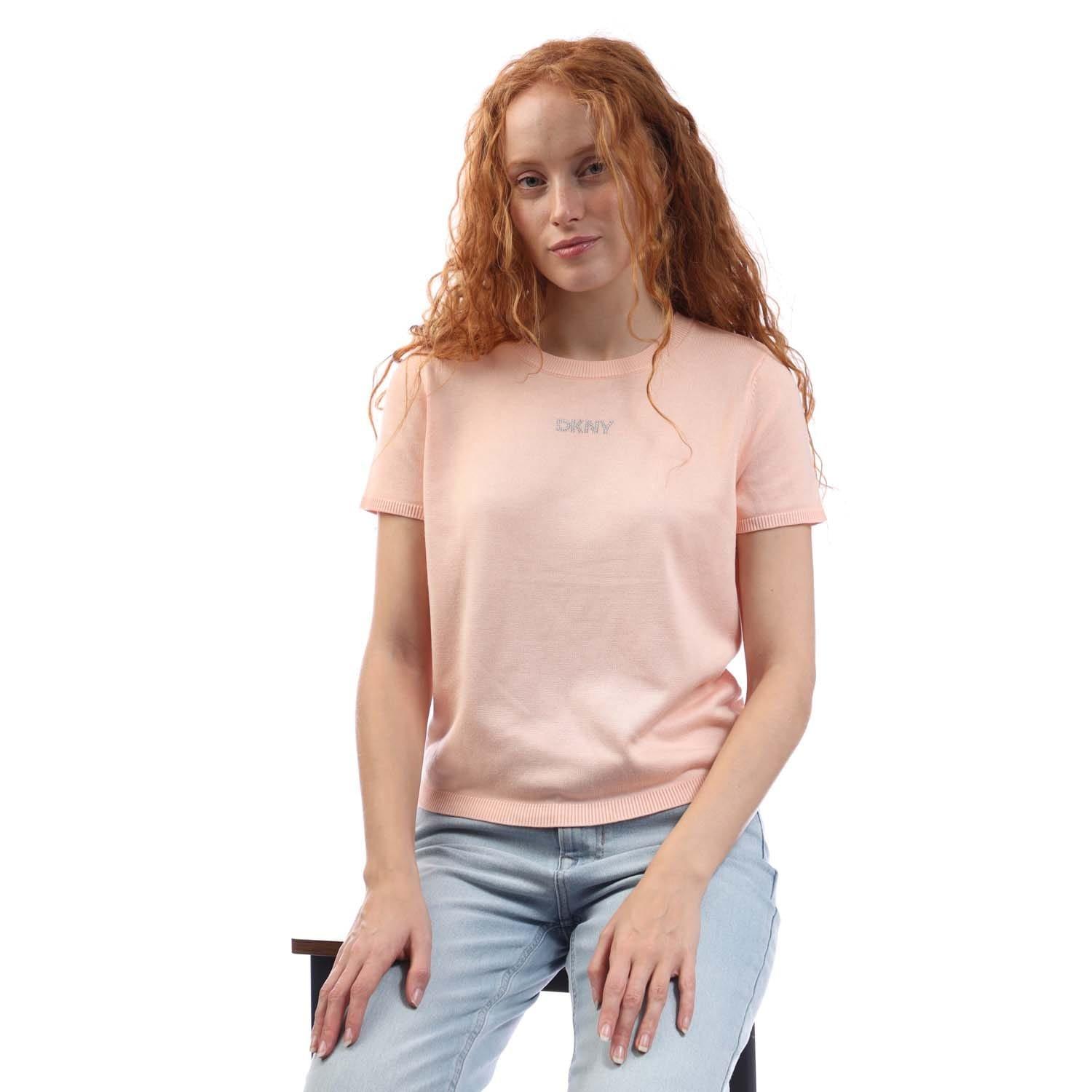 Peach - DKNY - Short Sleeve Rhinestone Knit Sweater - 4