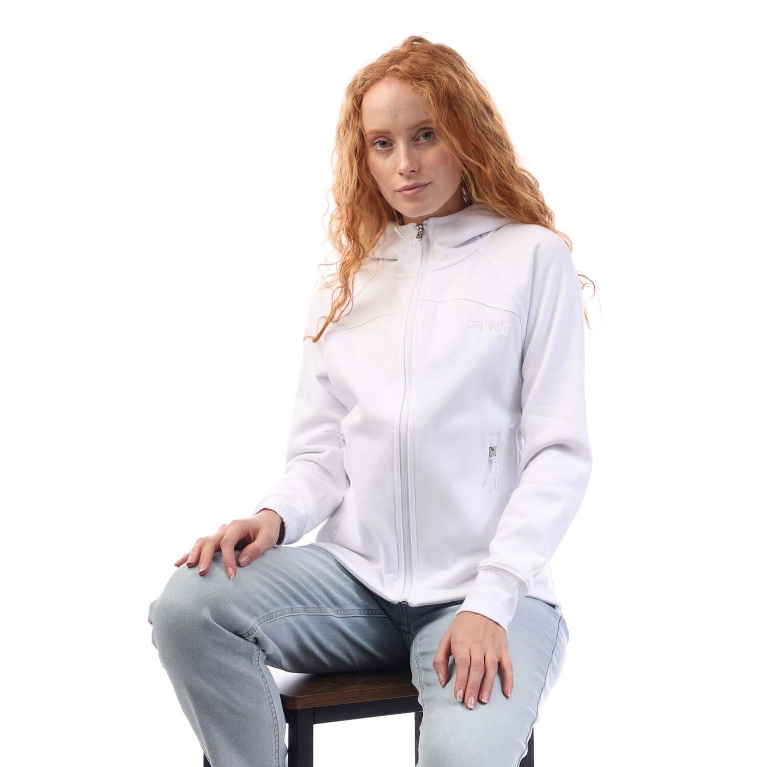 White - DKNY - Embellished Logo Fitted Hooded Sweatshirt - 4