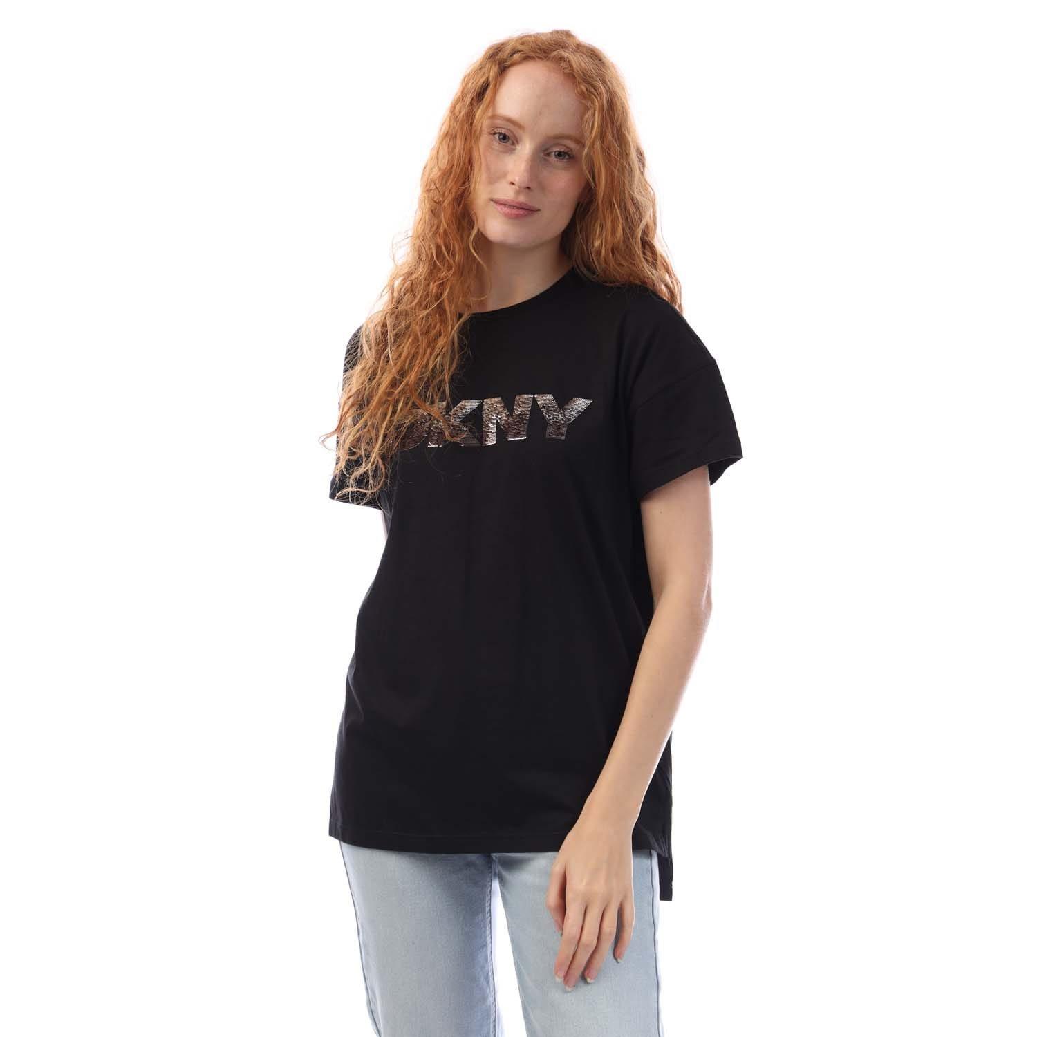 Black Grey - DKNY - Sequin Logo T-Shirt - 1