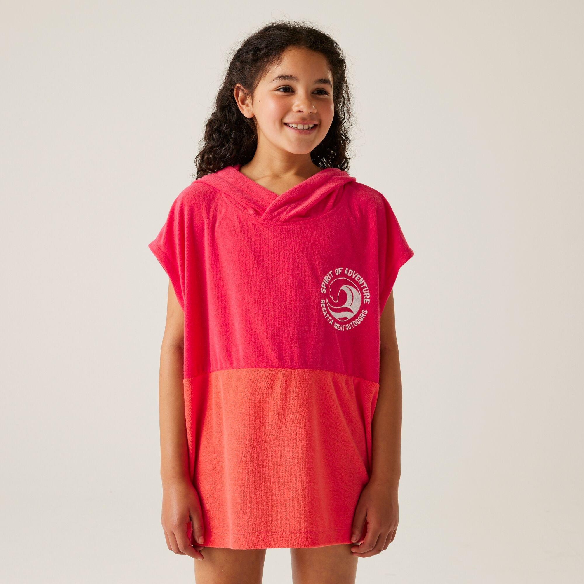 Pop/Peach Bloom - Regatta - Unisex Kids' Towel Robe II Soft Towelling Hooded Waterproof Robe - 1