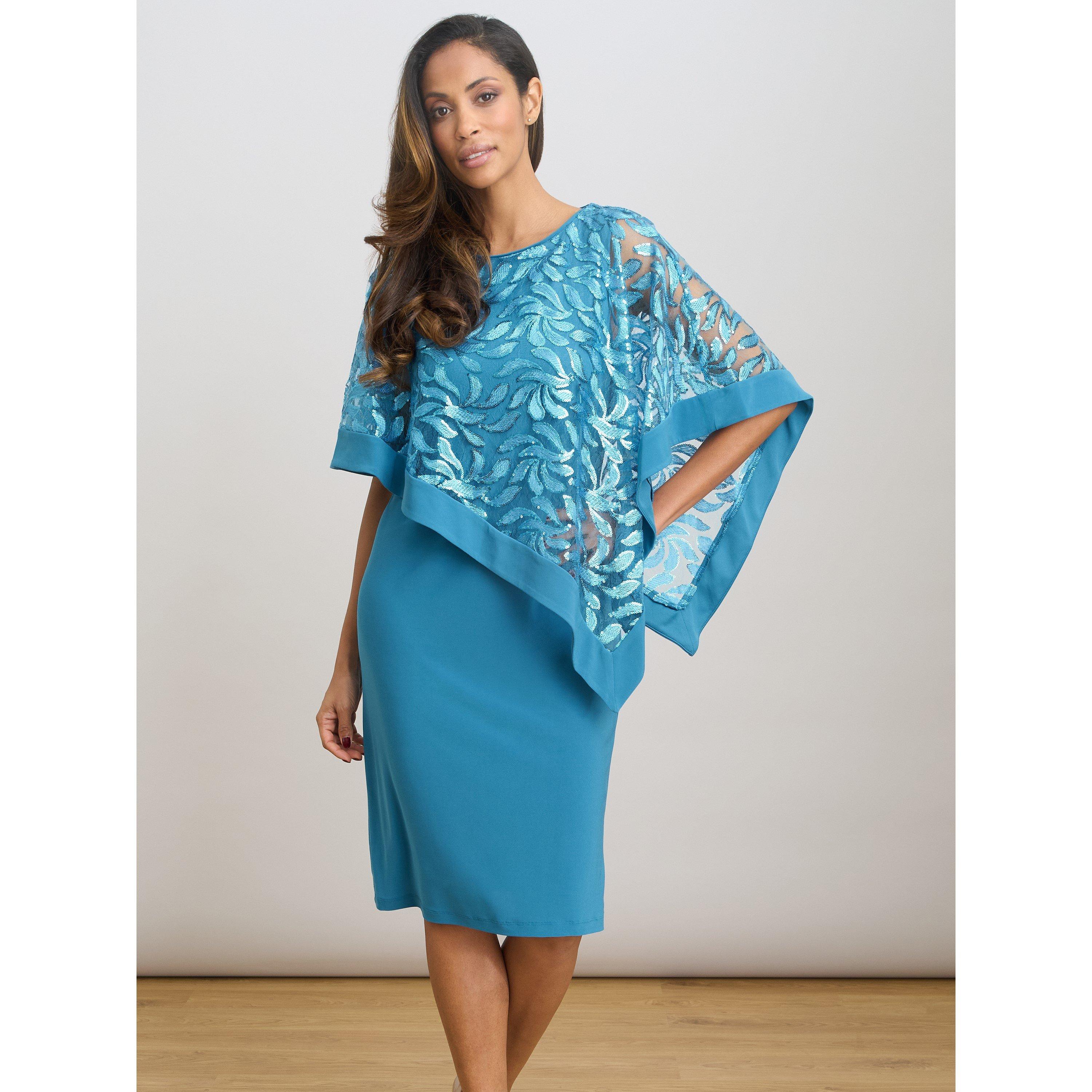 Turquoise - Gina Bacconi - Darlene Embroidered Cape Dress - 2