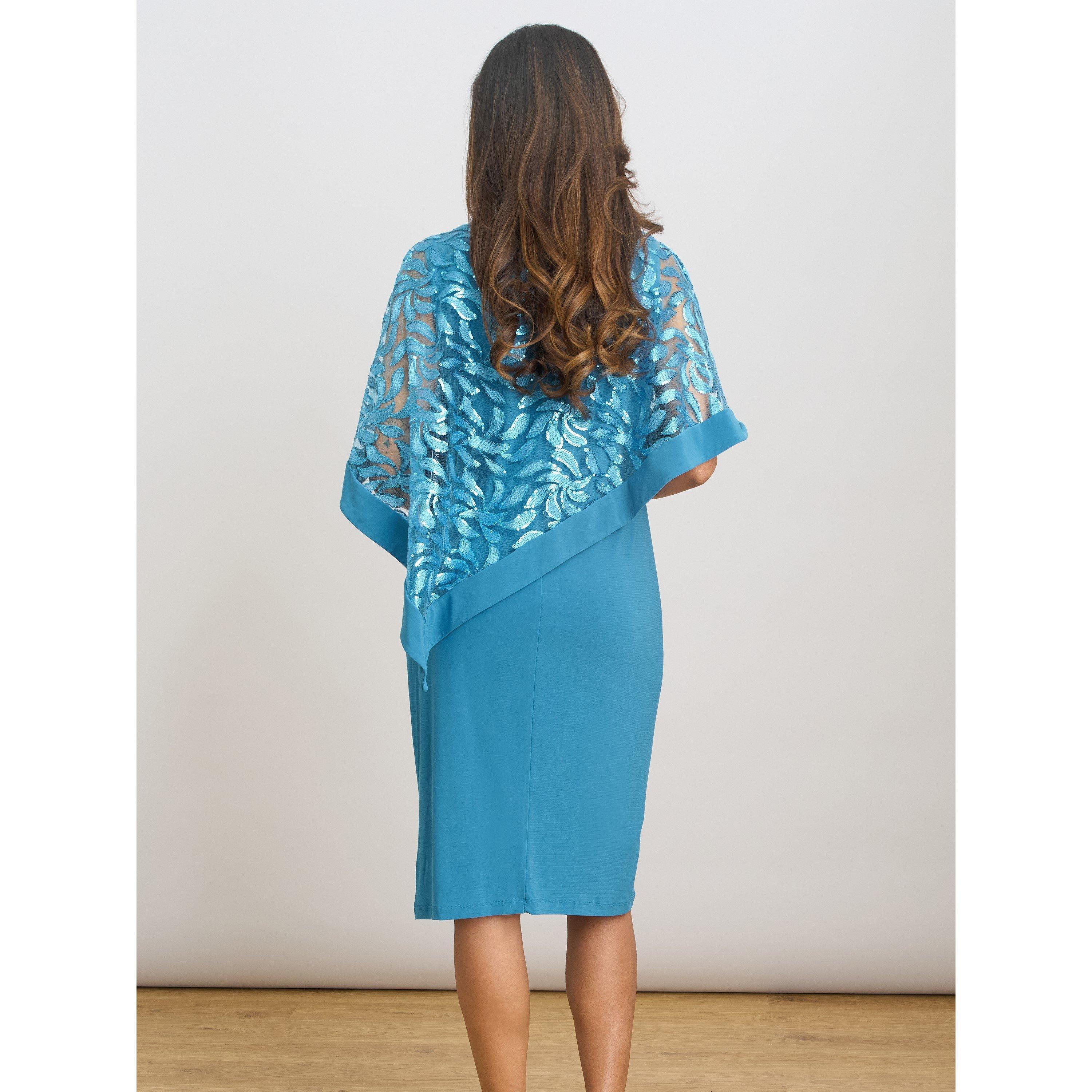 Turquoise - Gina Bacconi - Darlene Embroidered Cape Dress - 3