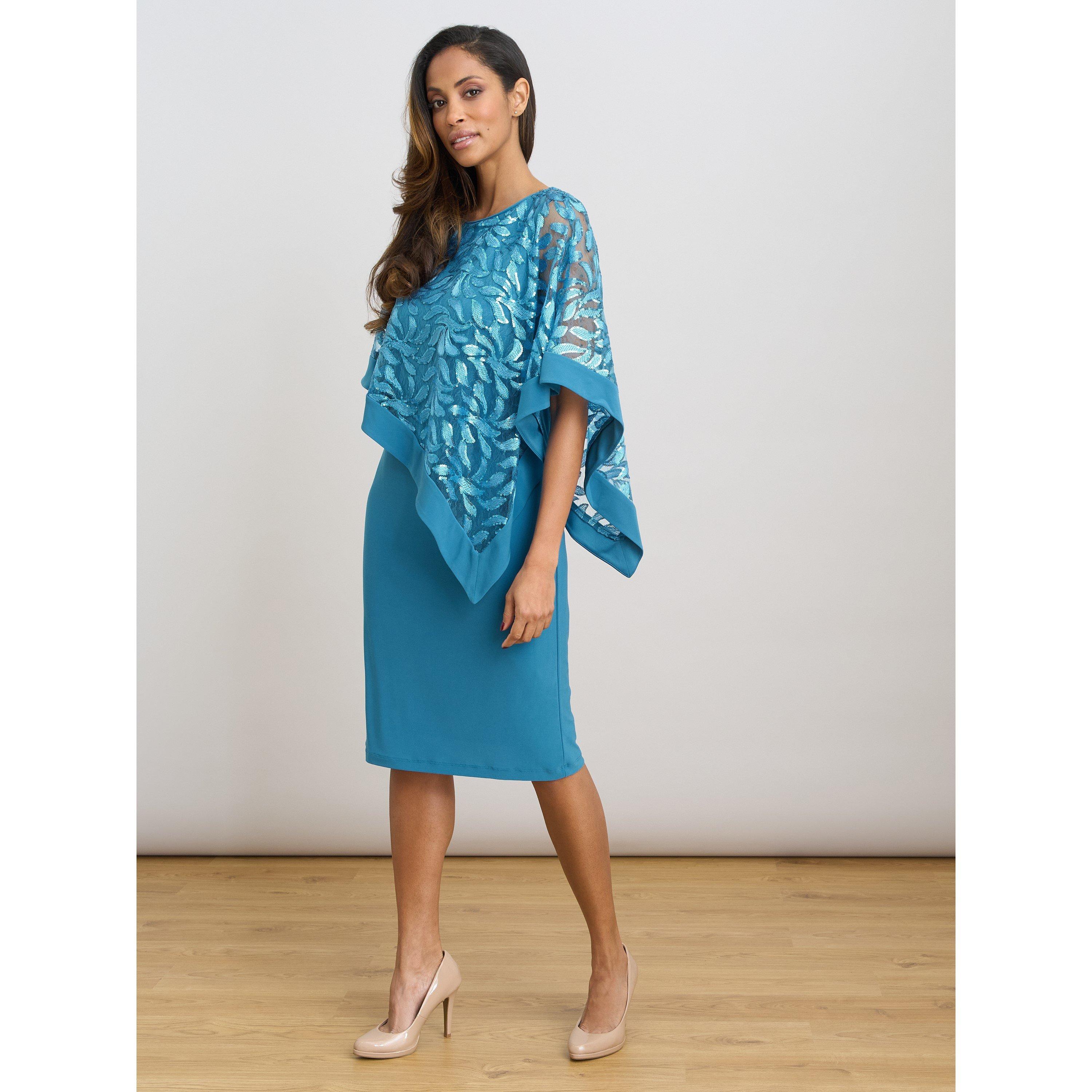 Turquoise - Gina Bacconi - Darlene Embroidered Cape Dress - 4