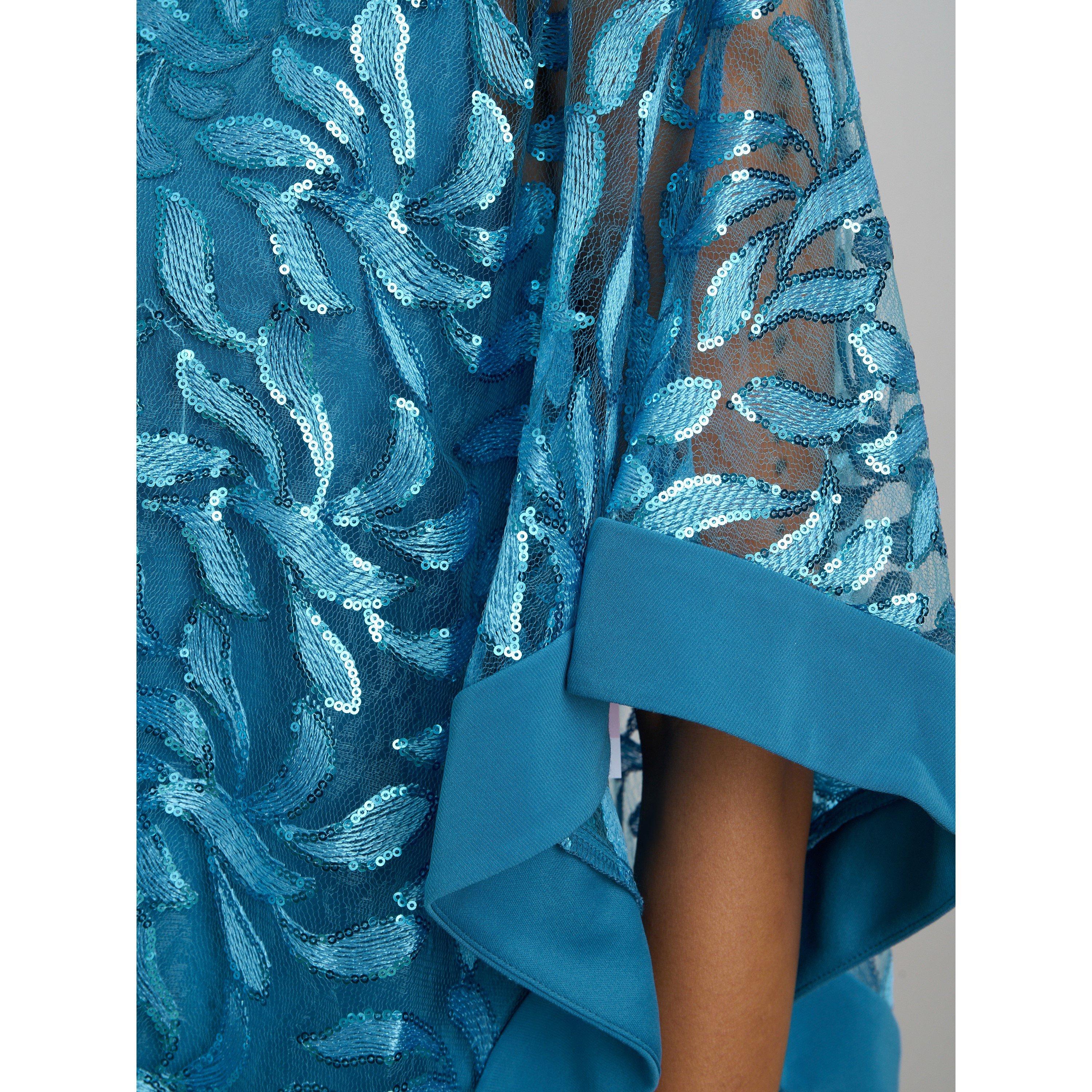 Turquoise - Gina Bacconi - Darlene Embroidered Cape Dress - 5